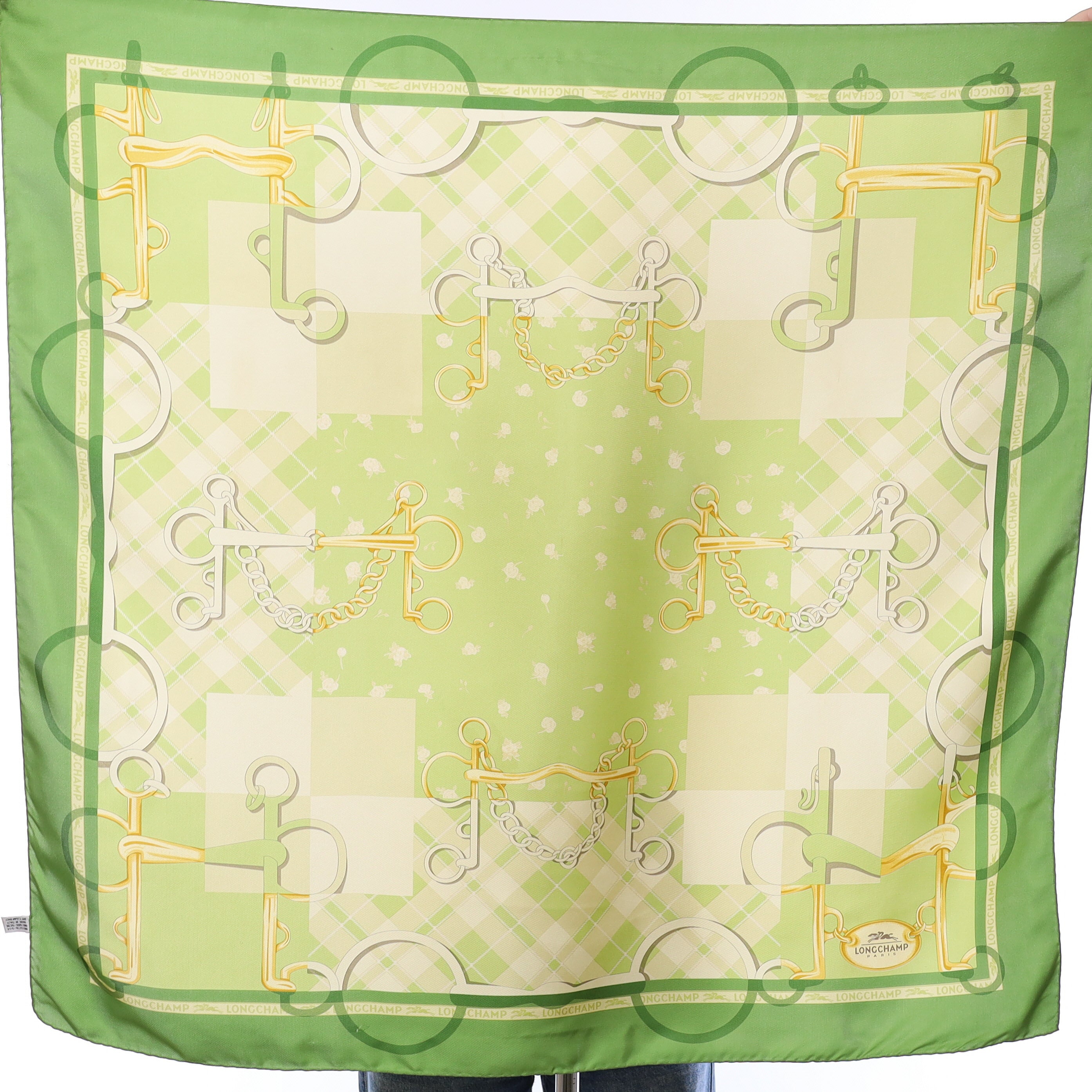 Longchamp Green Equestrian Style Vintage Silk Scarf