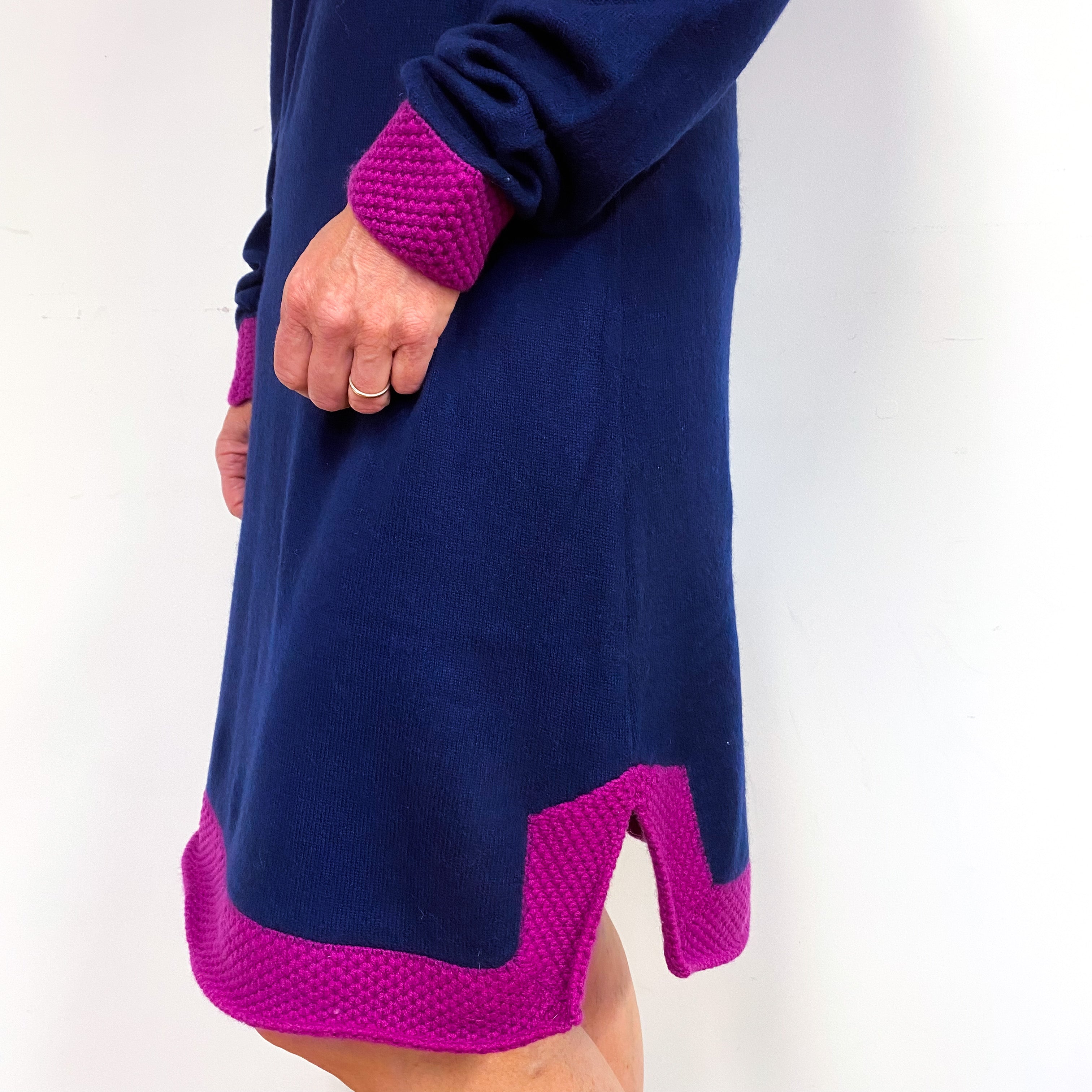 Navy Blue and Magenta Cashmere Notch Neck Dress Medium