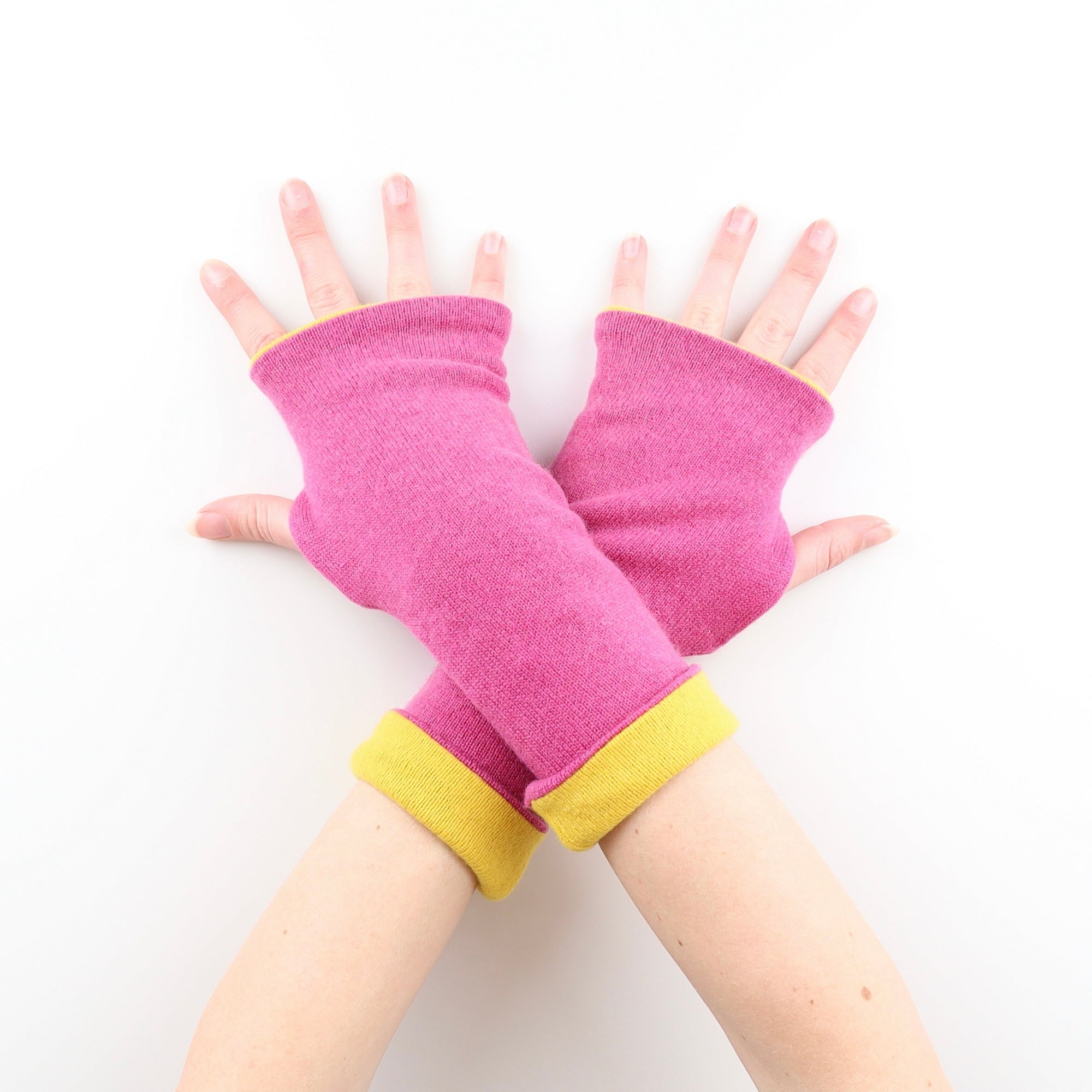 Raspberry Pink and Yellow Reversible Cashmere Fingerless Gloves