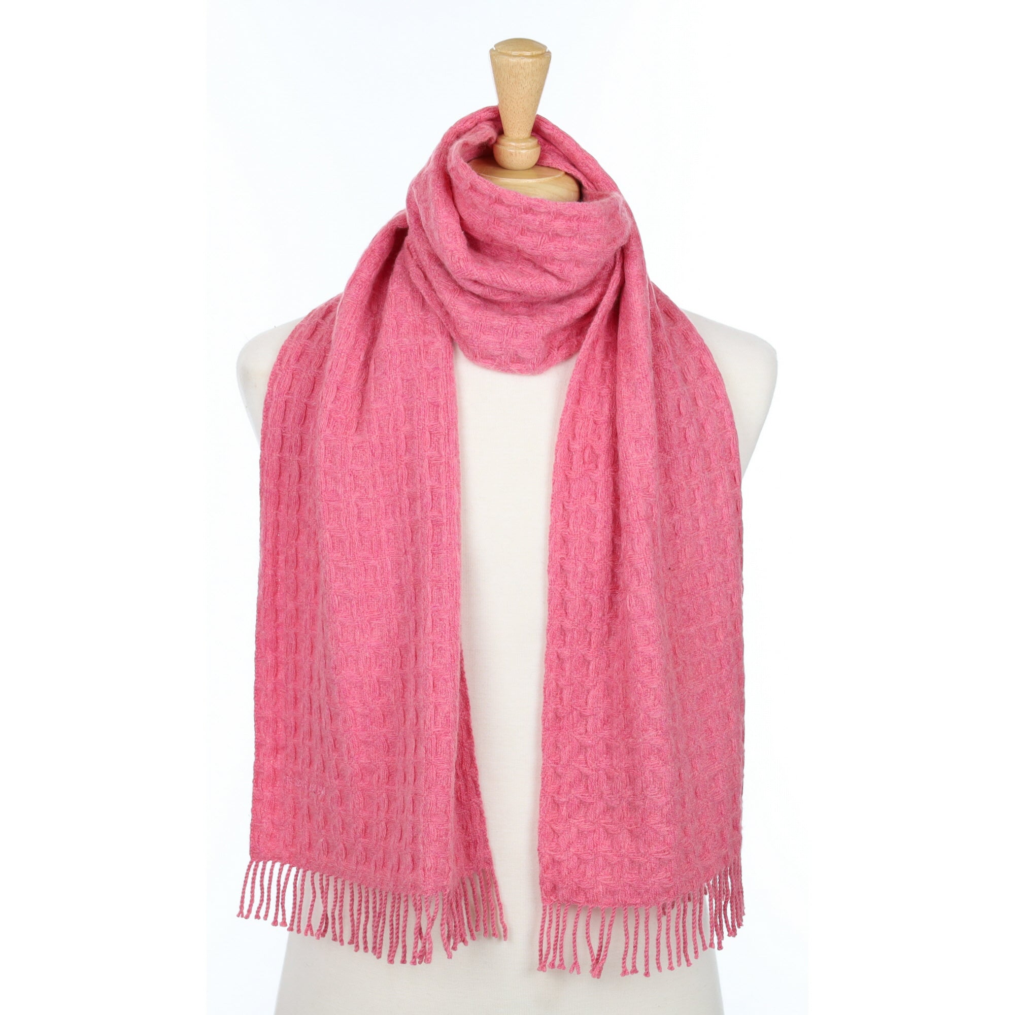 Raspberry Pink Ninna Ricci Textured Knit Fringed Cashmere Woven Scarf