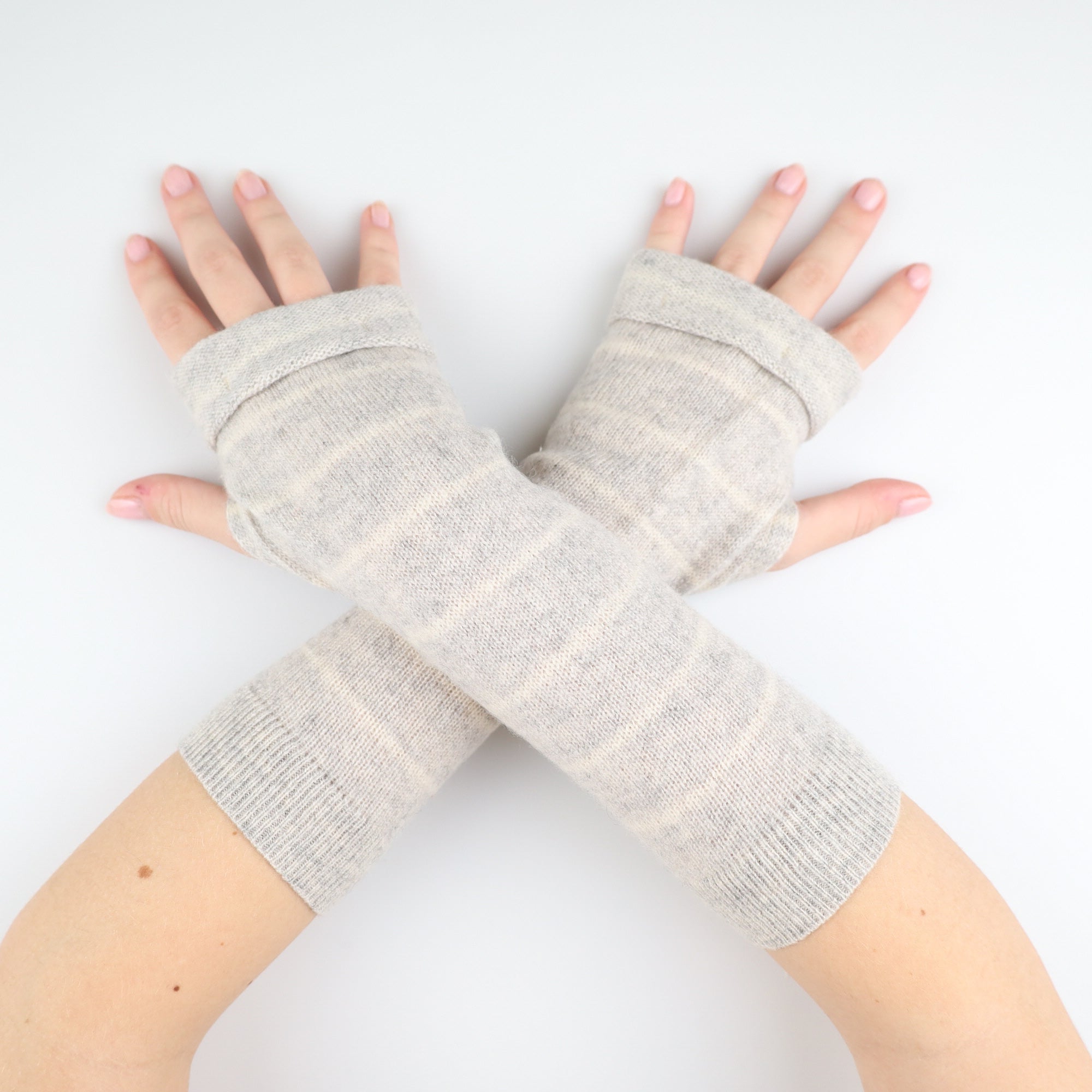 Smoke Grey and Cream Striped Fingerless Gloves