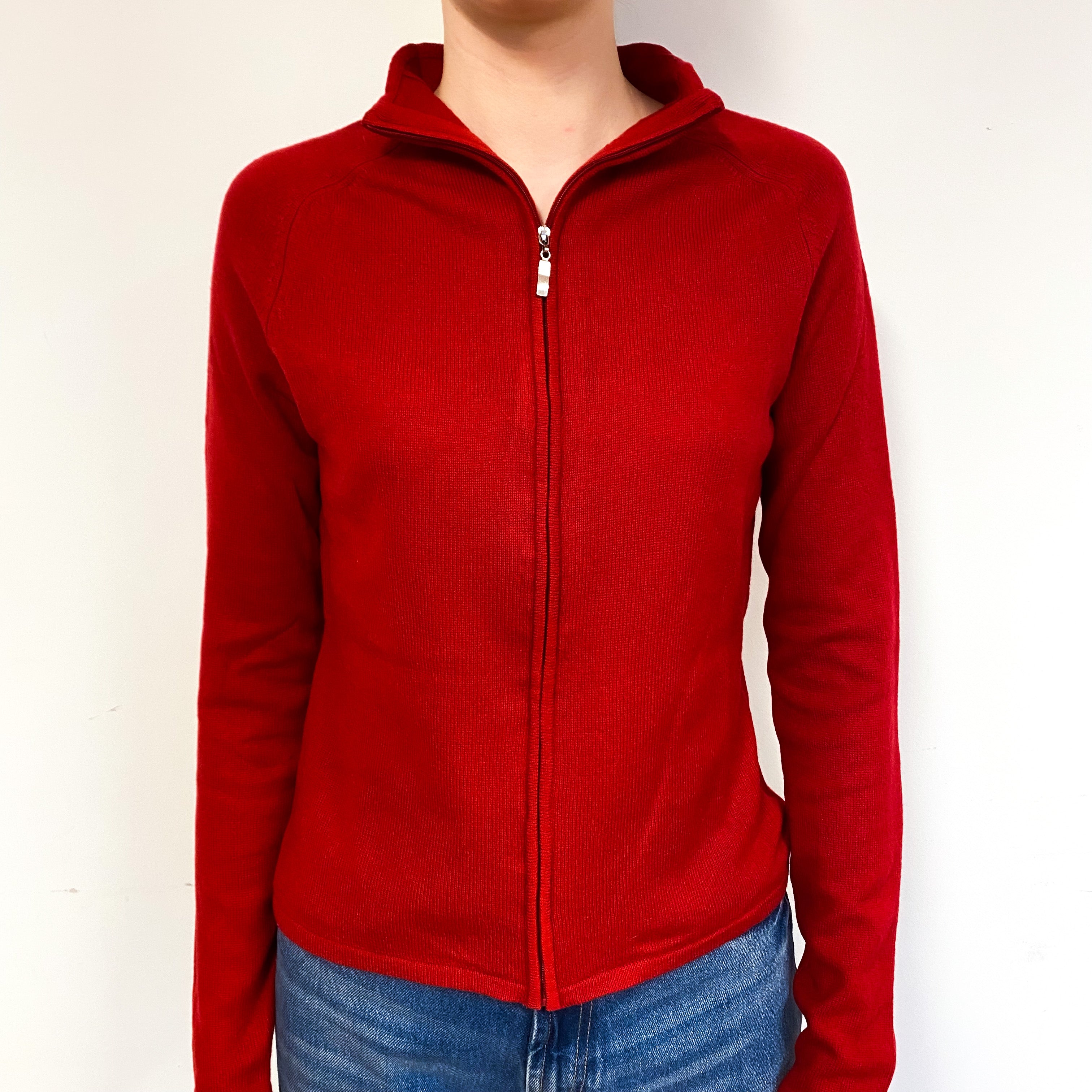 Post Box Red Cashmere Zip Front Cardigan Extra Small