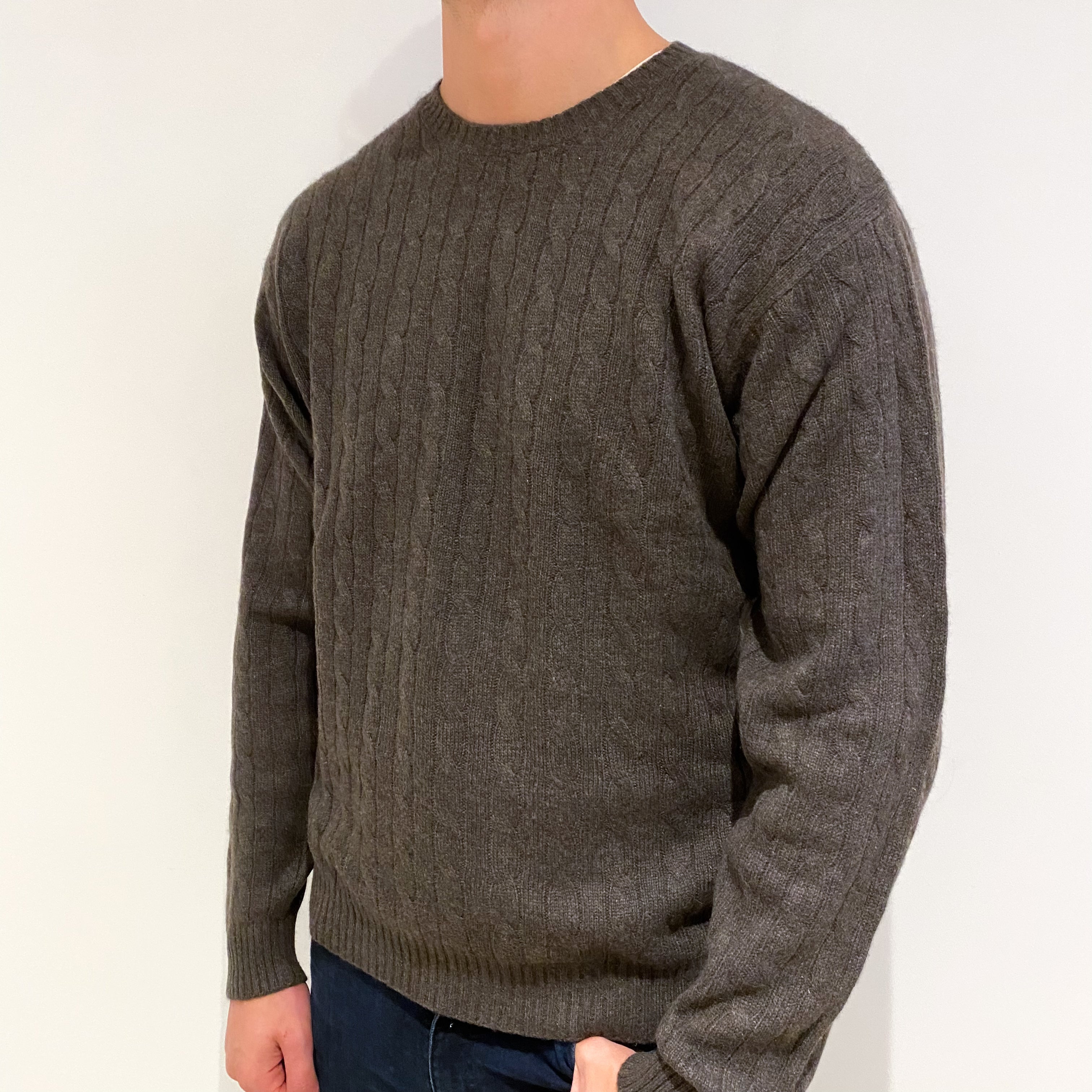 Men's Muted Brown Cable Cashmere Crew Neck Jumper Extra Large