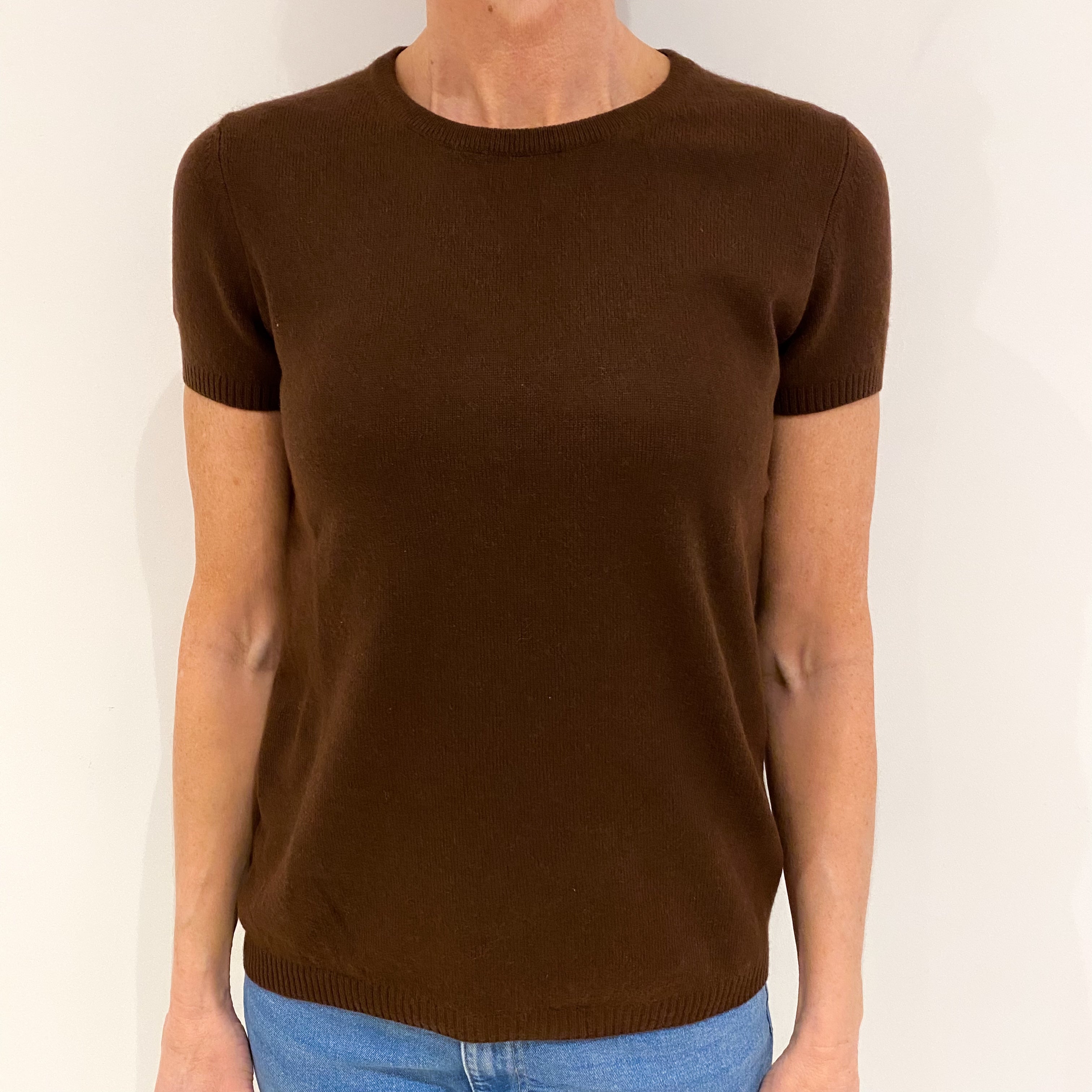 Chocolate Brown Cashmere Short Sleeve Crew Neck Jumper Small