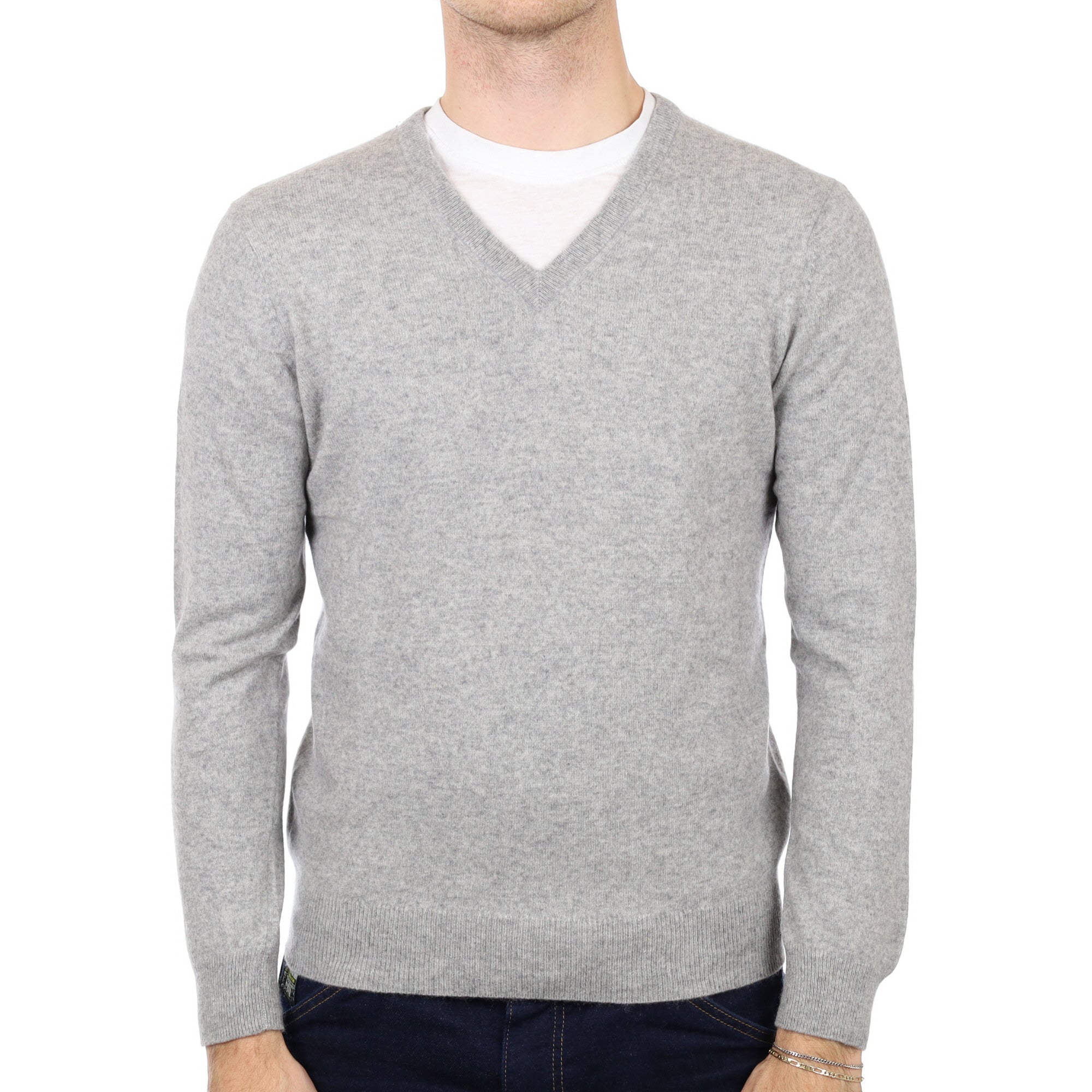 Men's Smoke Grey Cashmere V Neck Jumper Medium