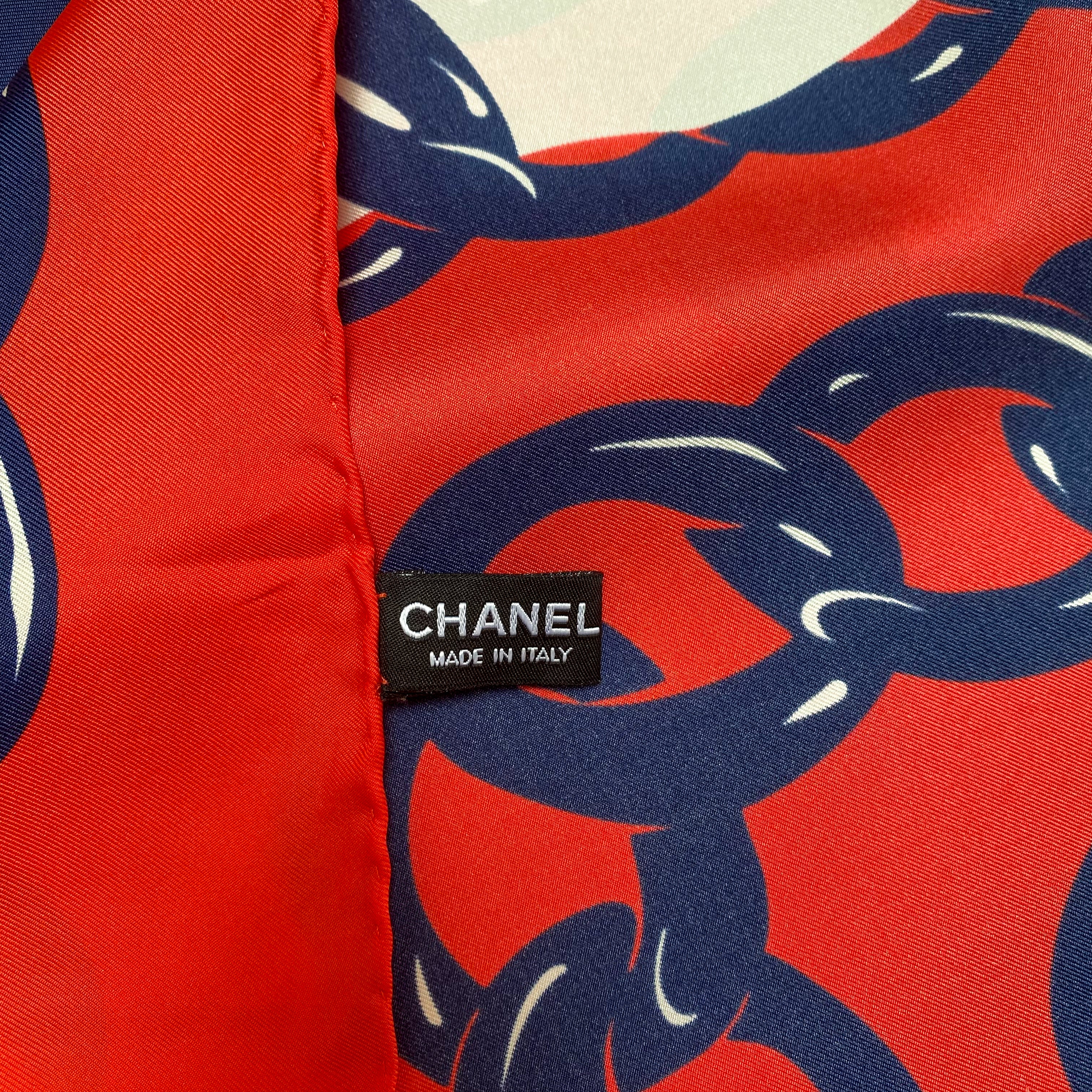Brand New Chanel Red, White and Blue Silk Scarf