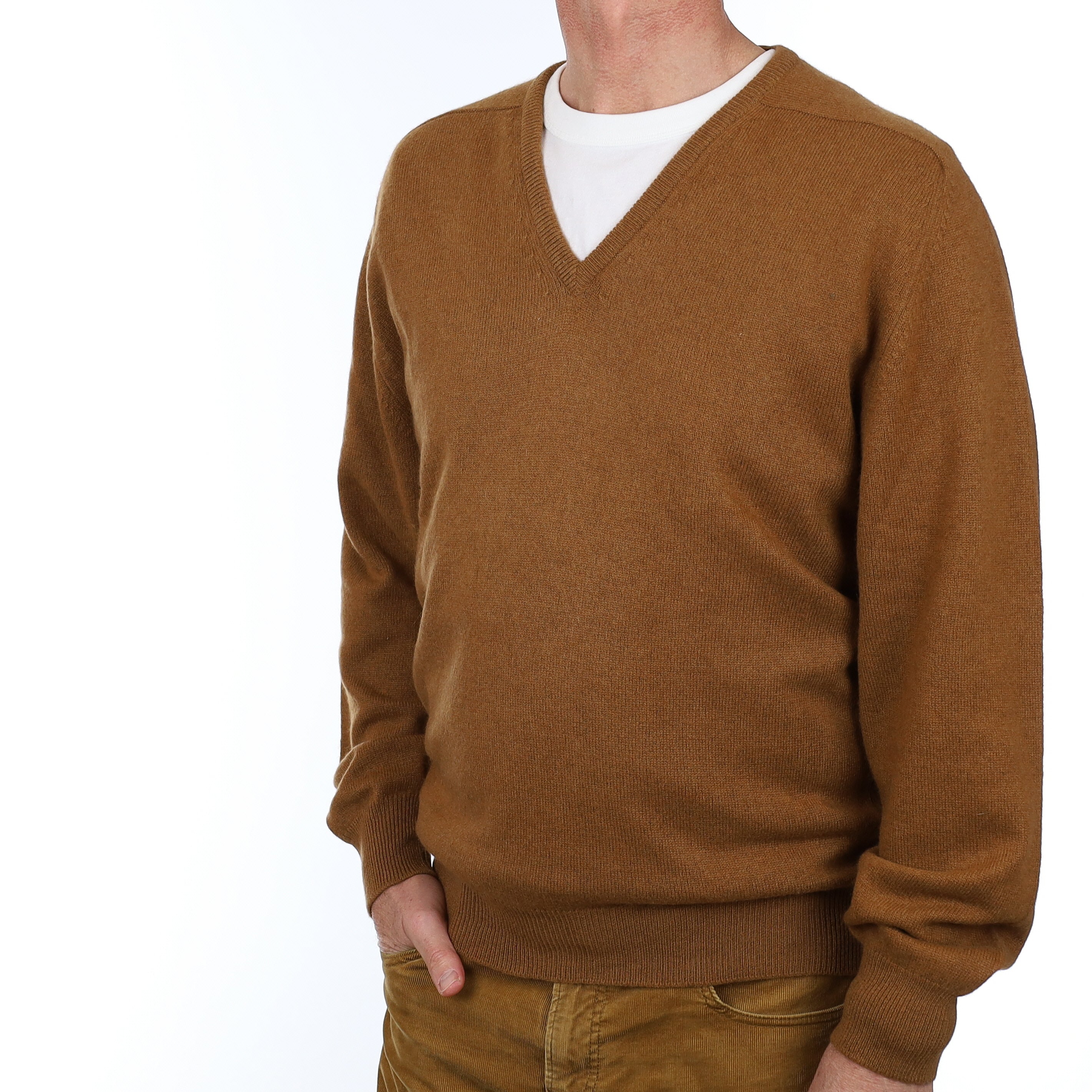 Men’s Vintage Scottish Cinnamon Brown Cashmere V Neck Jumper Extra Large