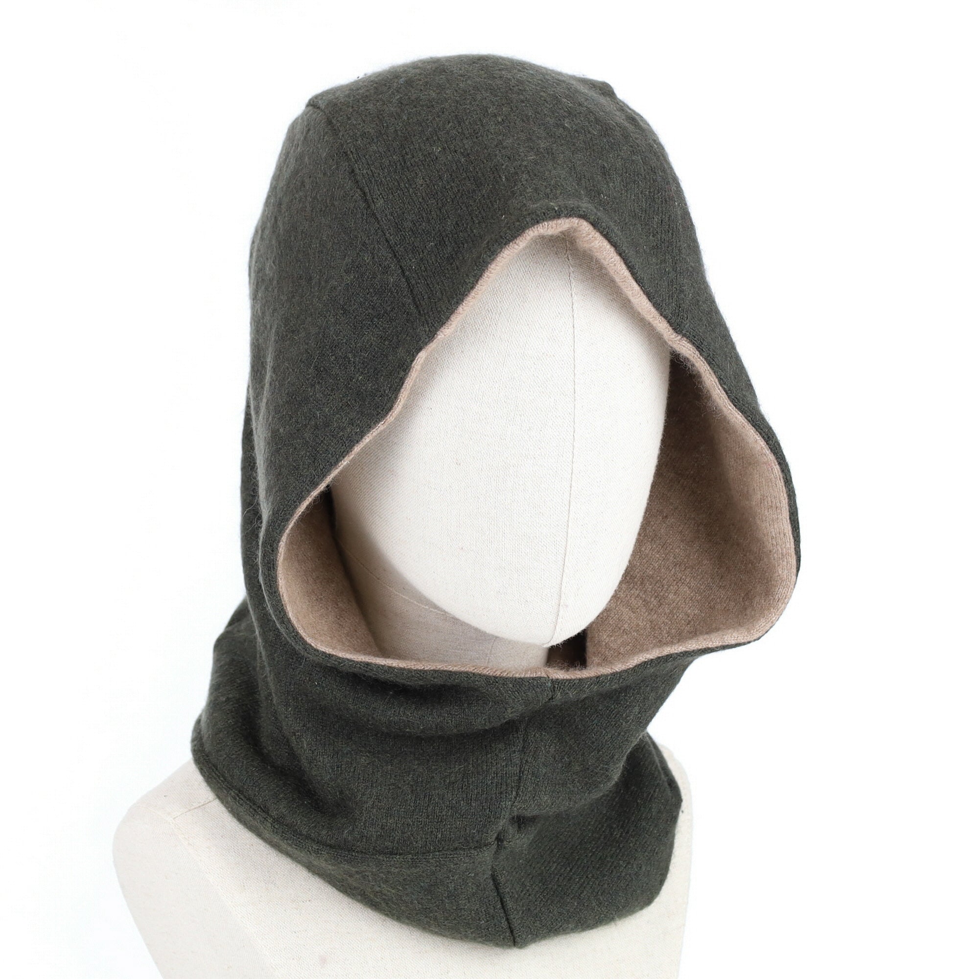 Khaki Green and Camel Luxury Reversible Cashmere Hood Unisex