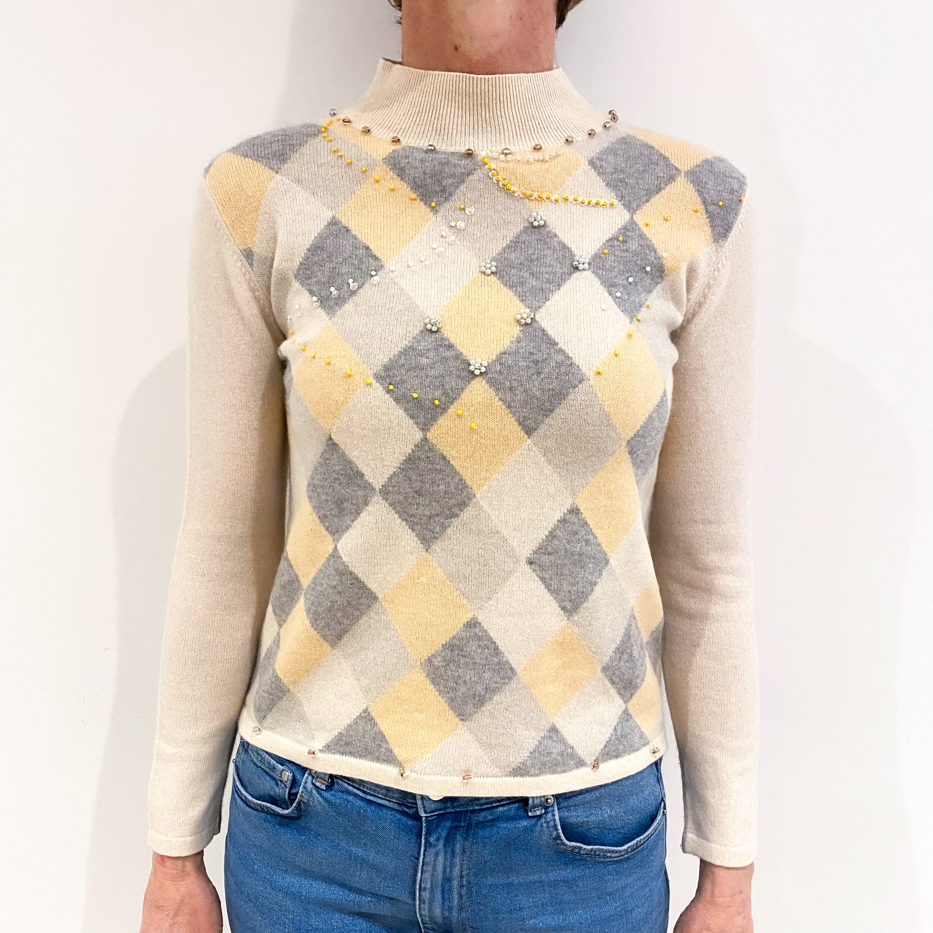 Soft Beige Diamond Pattern With Embellishing Cashmere Turtle Neck Jumper Small