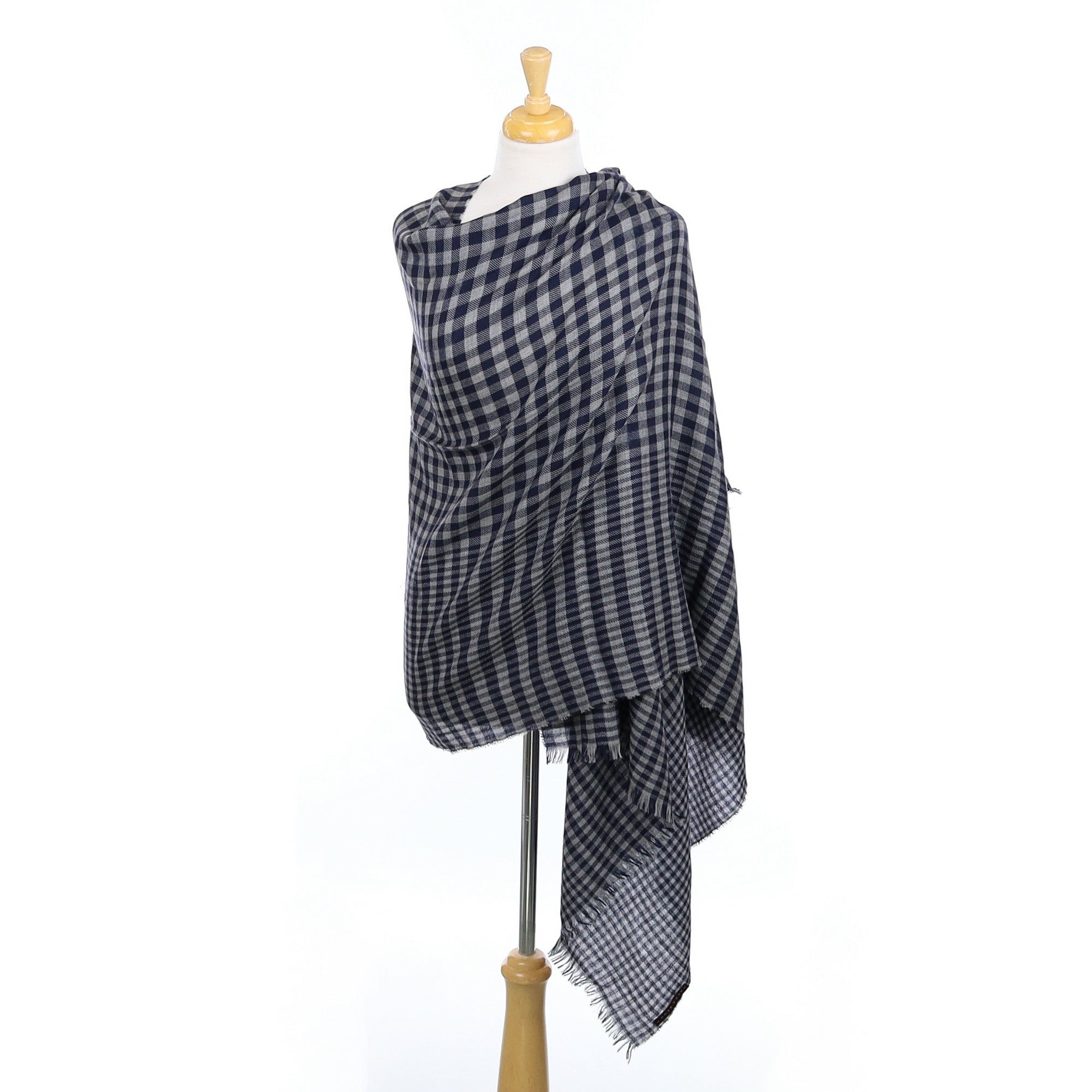 Scottish Begg & Co Navy and Grey Gingham Cashmere Wrap