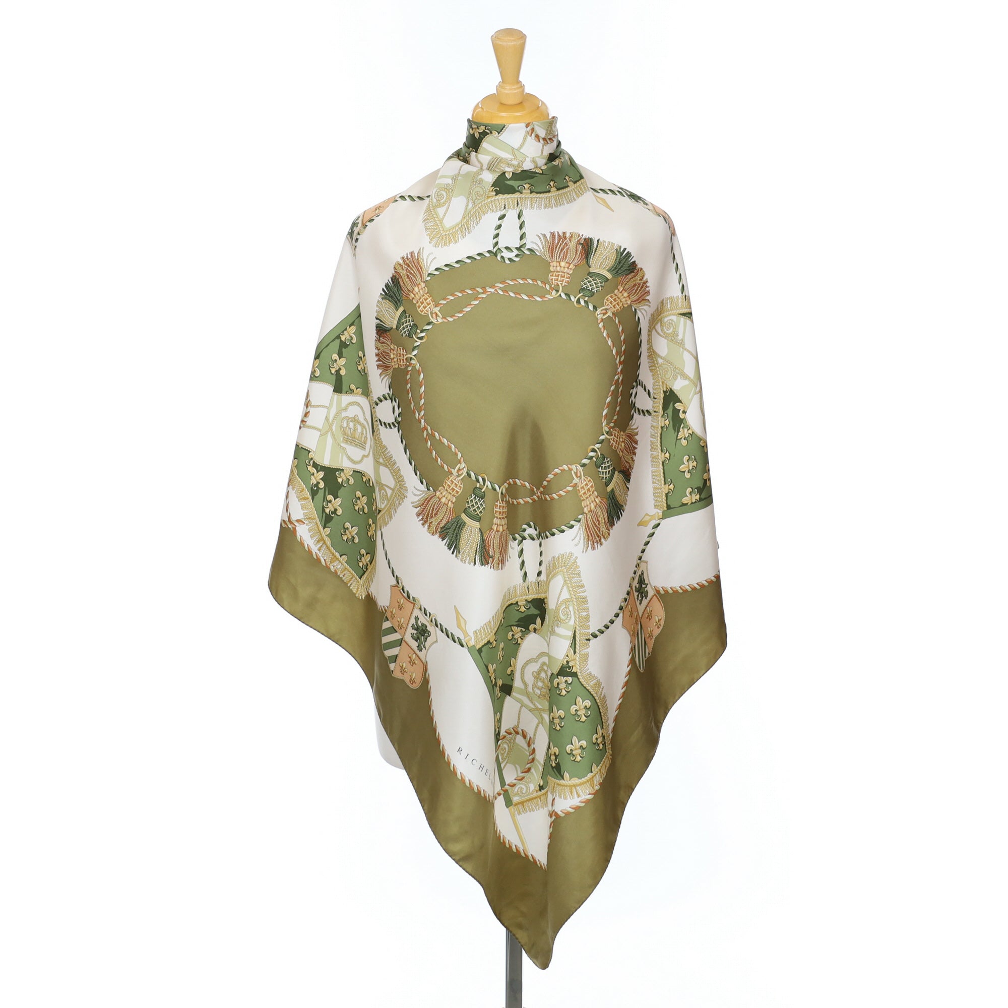 French Richel Vintage Green and Cream Silk Scarf