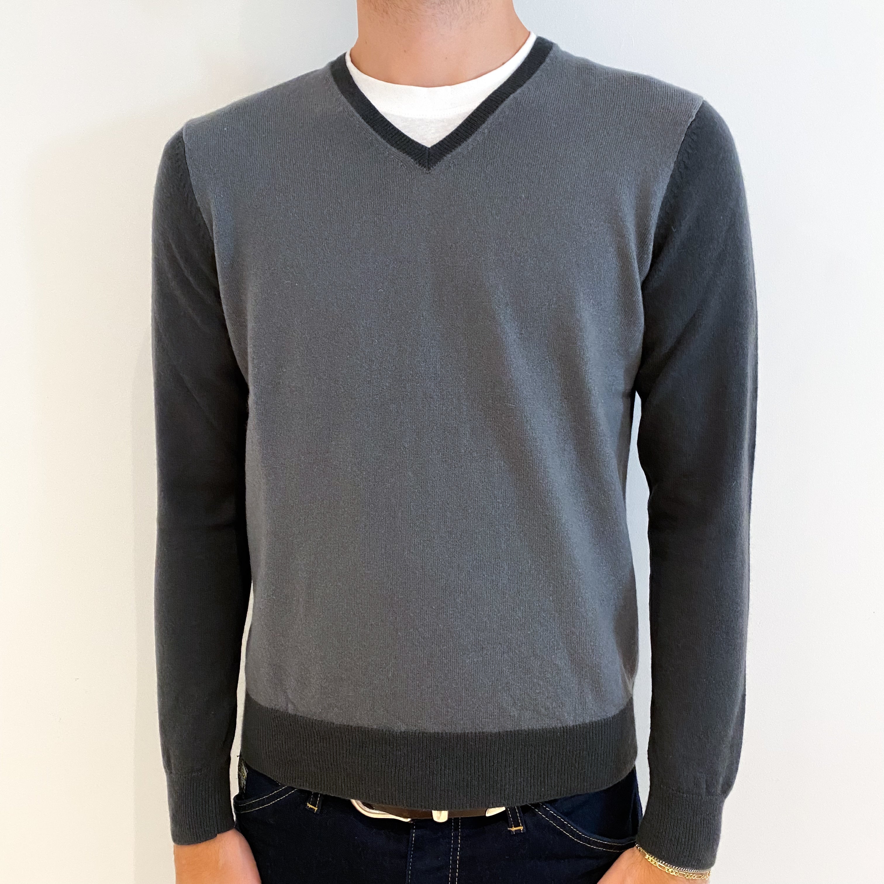Men's Grey and Dark Grey Sleeves Cashmere V-Neck Jumper Medium