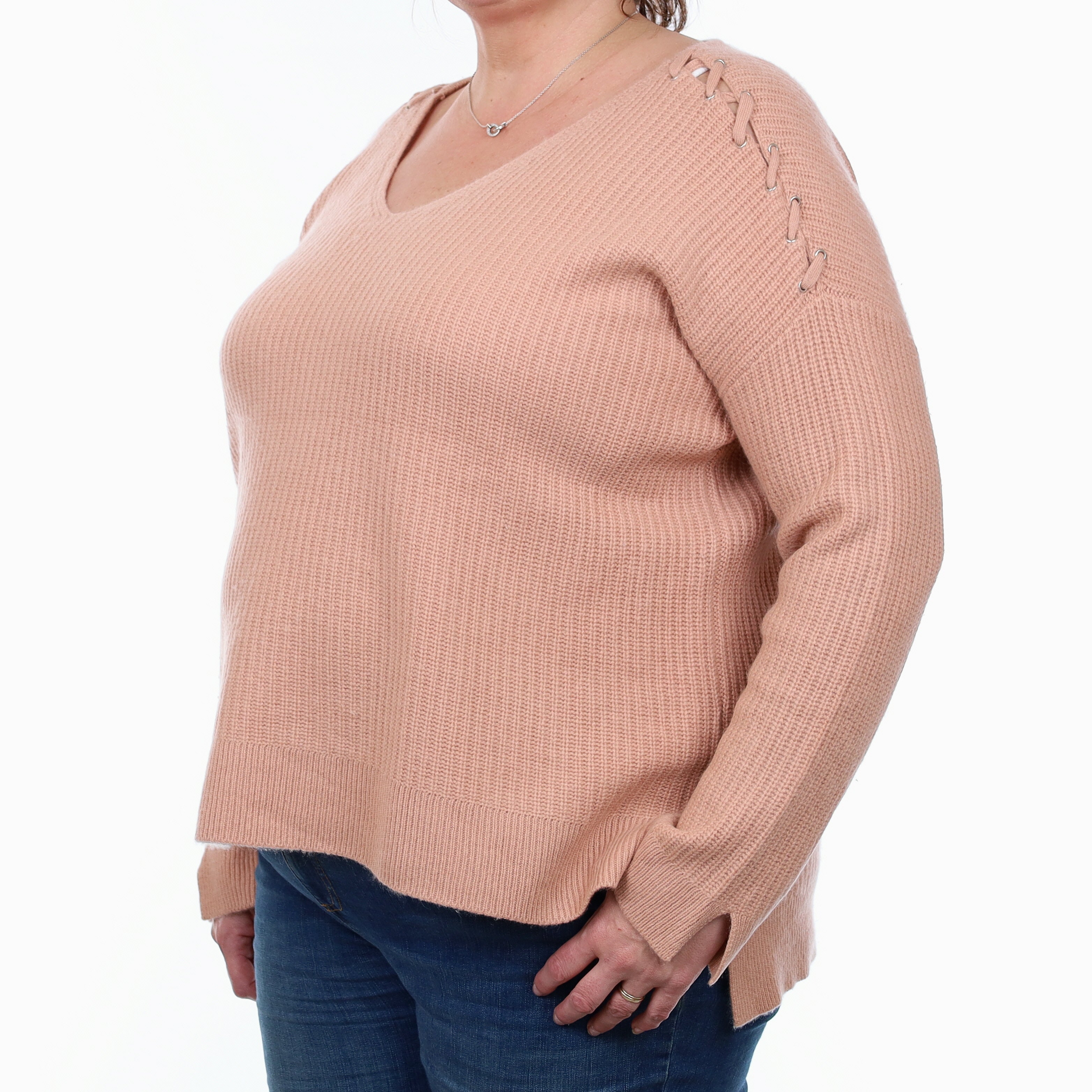 Neiman Marcus Nude Pink Chunky Cashmere V Neck Jumper Extra Large