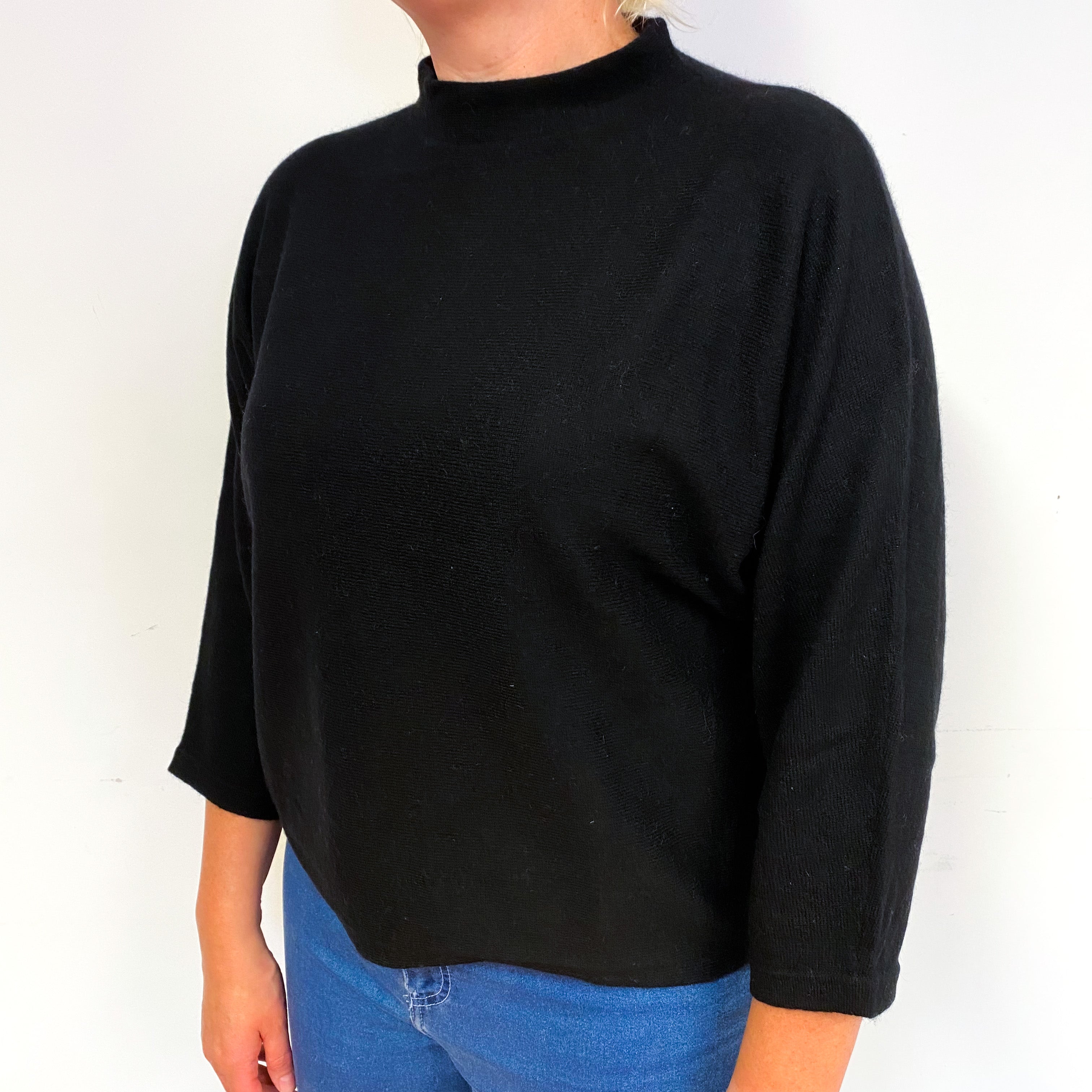 Black 3/4 Batwing Sleeve Cashmere Turtle Neck Jumper Large