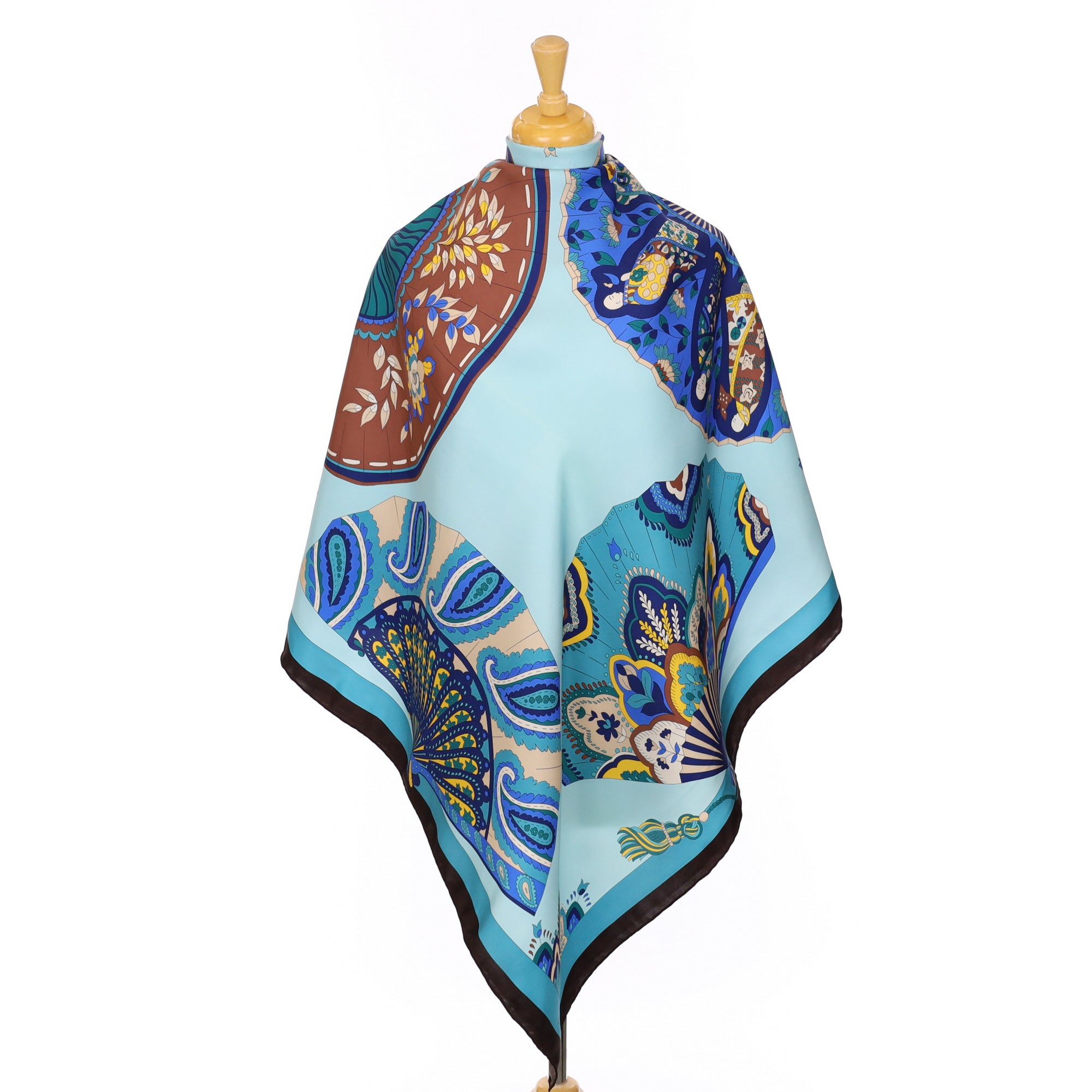 E.Marinella Blue Fan Designer Silk Scarf