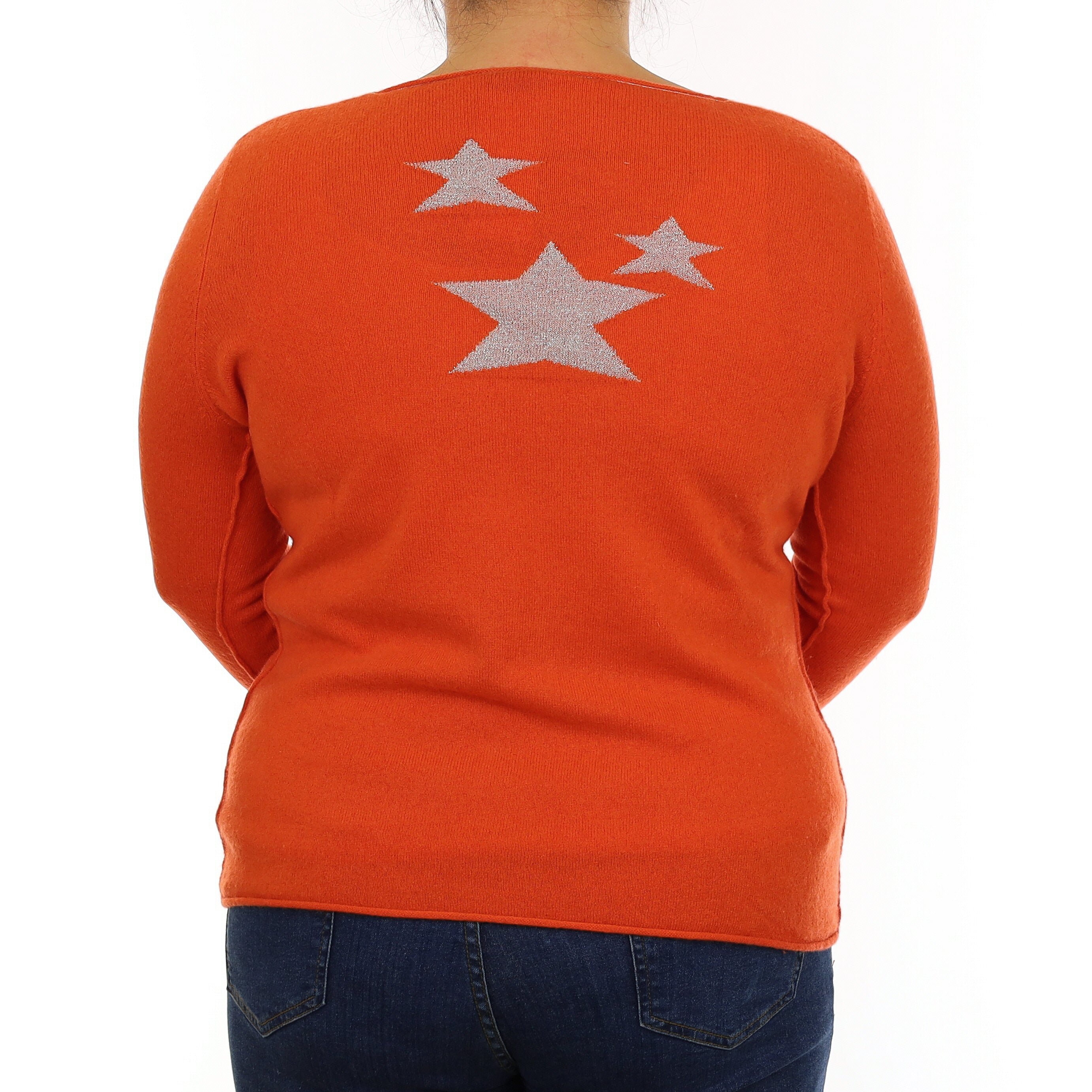 Fiery Orange Star Detail Cashmere V Neck Jumper Large