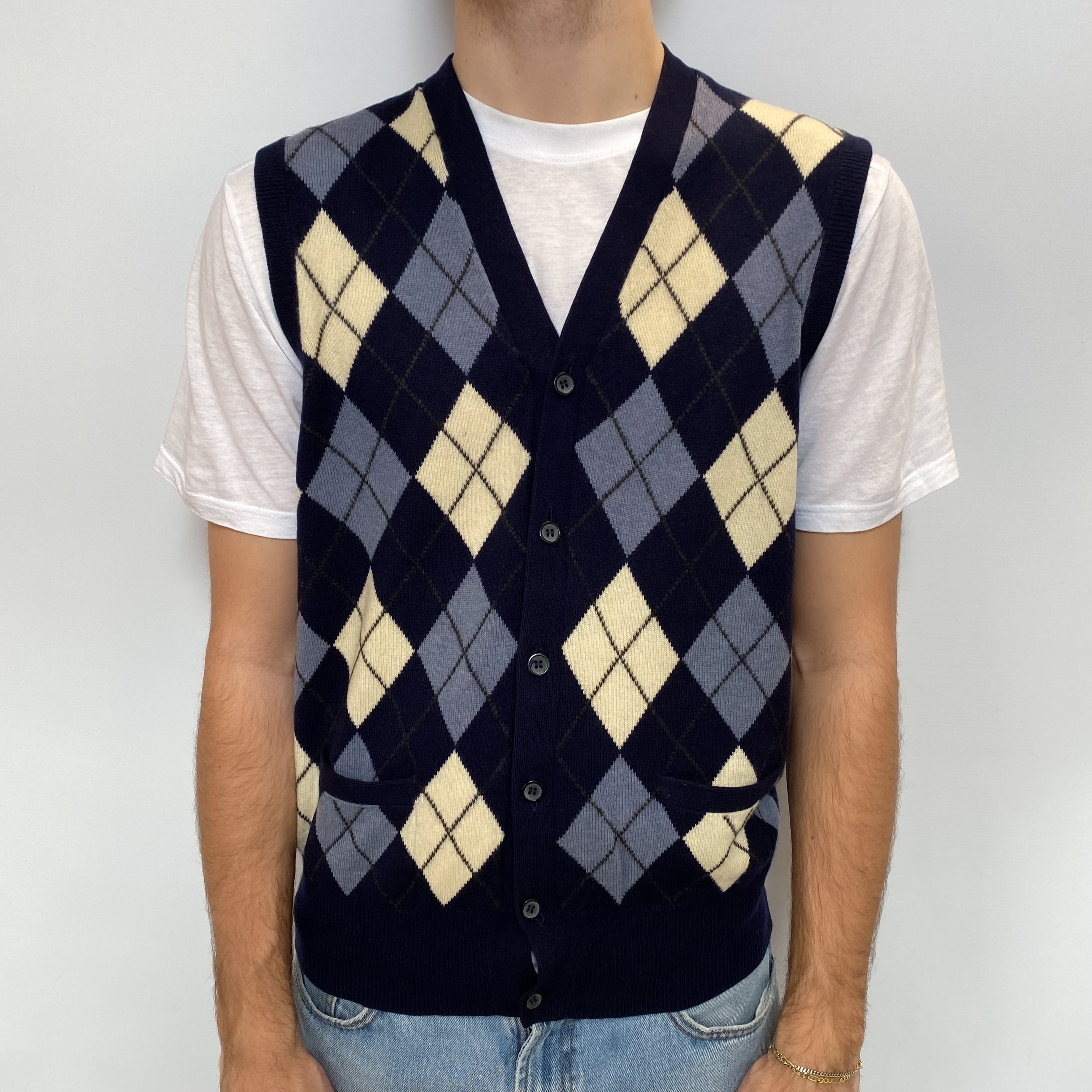 Men's Navy Argyle Cashmere V Neck Sleeveless Cardigan Large