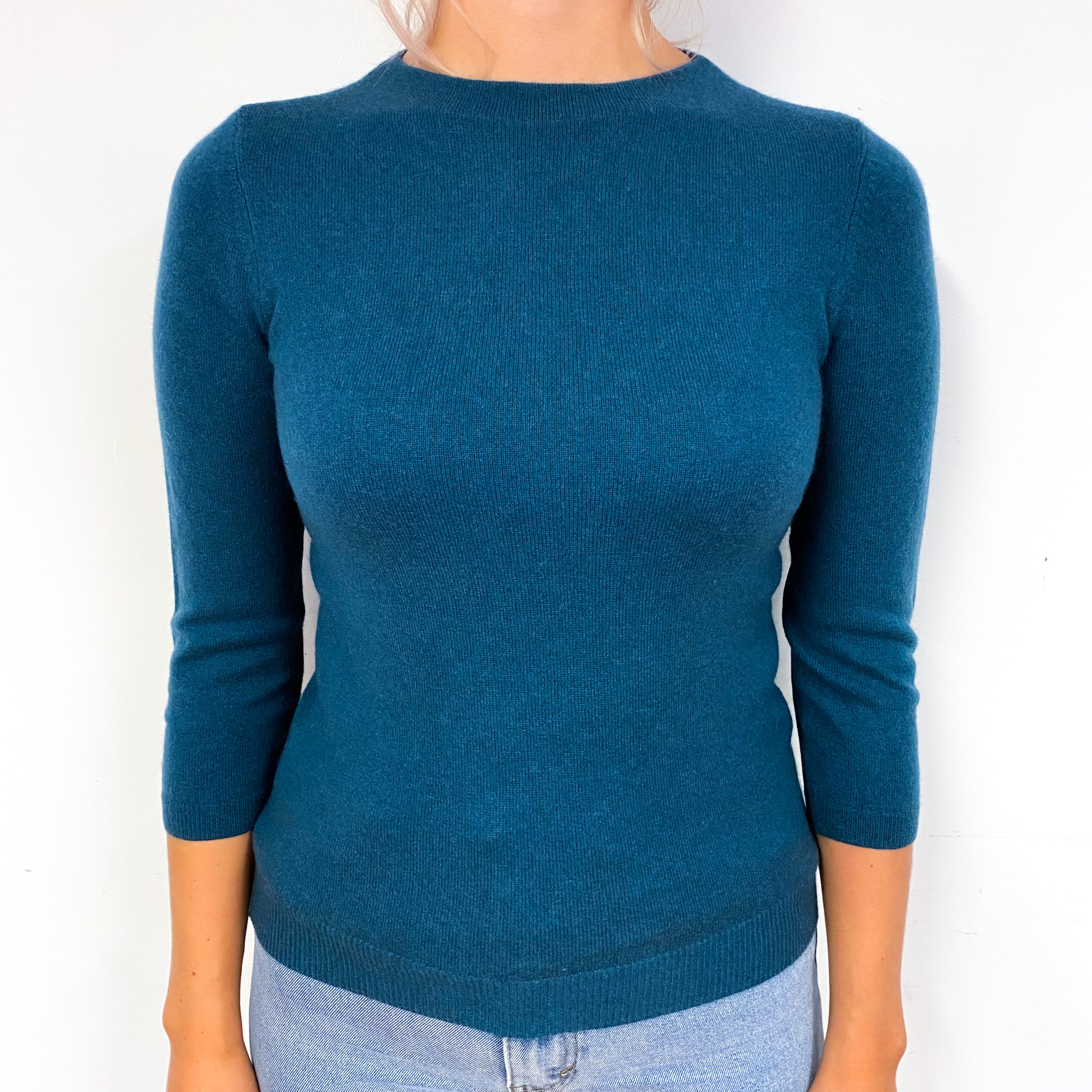 Teal Blue 3/4 Sleeved Cashmere Crew Neck Jumper Small