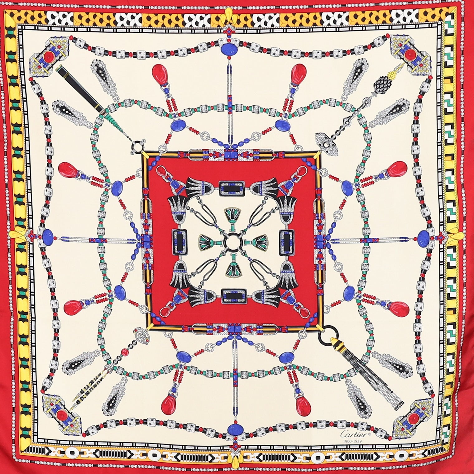 Immaculate Cartier Cream and Red Designer Silk Scarf