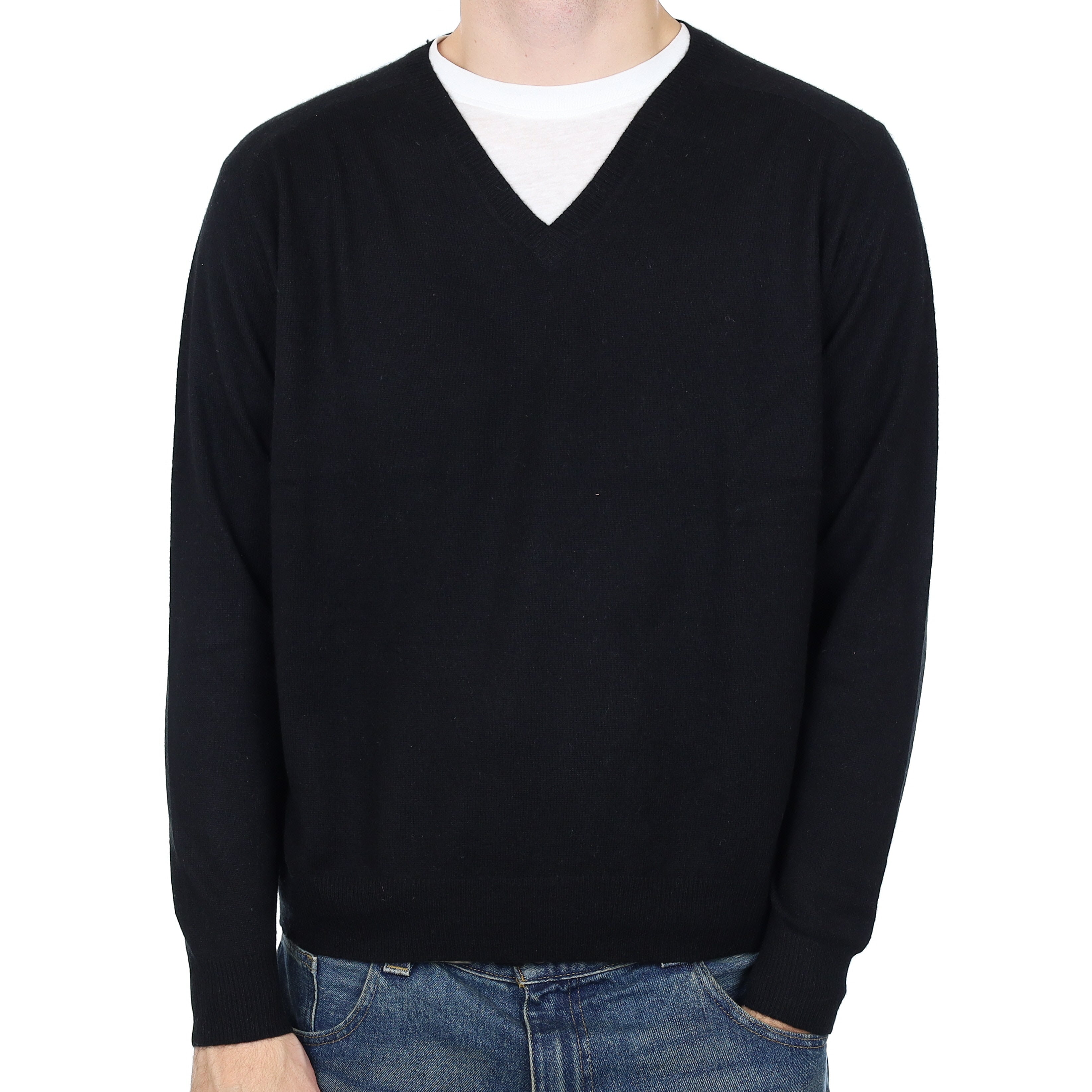 Men’s Black Cashmere V Neck Jumper Large