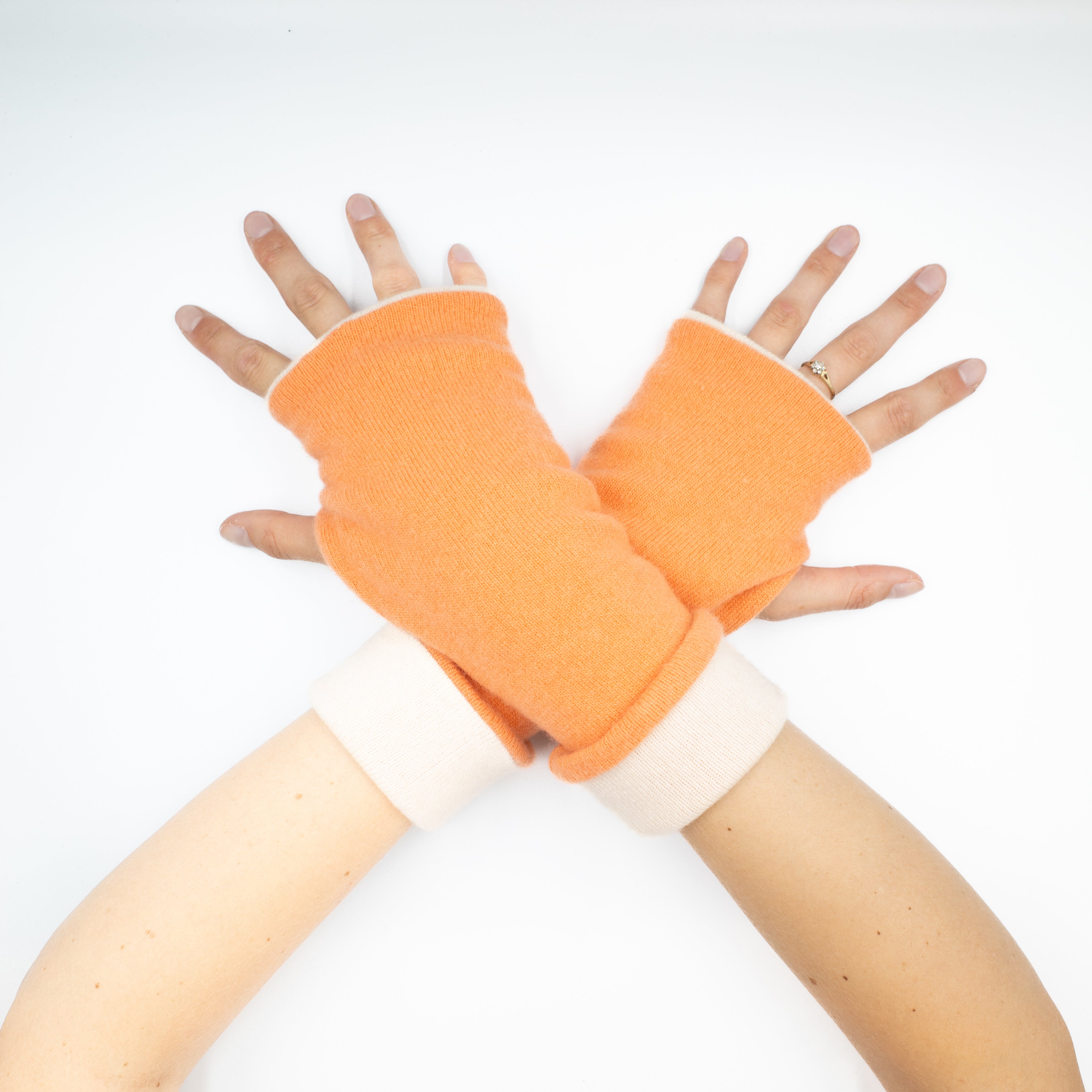 Tangerine Orange and Cream Reversible Fingerless Gloves