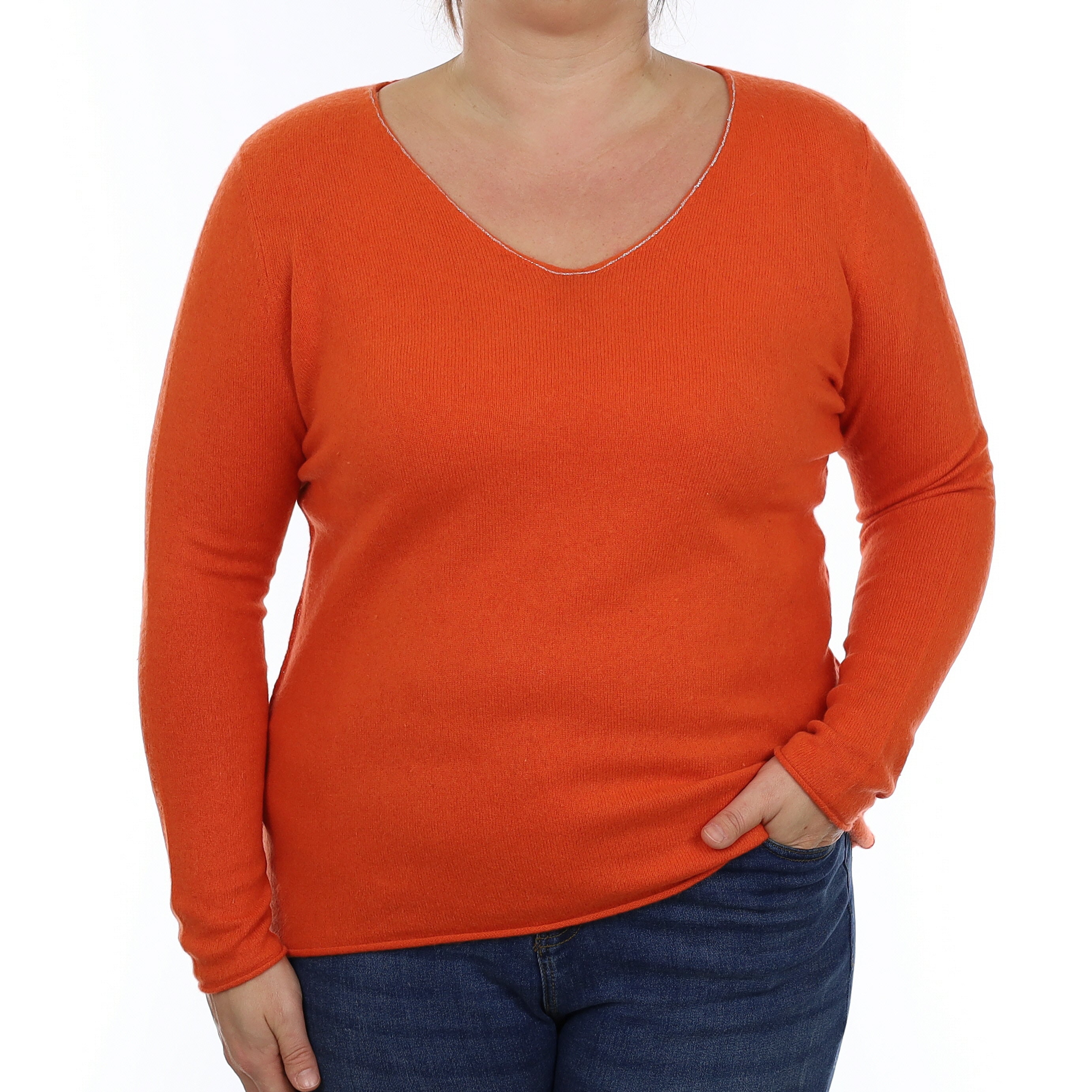 Fiery Orange Star Detail Cashmere V Neck Jumper Large
