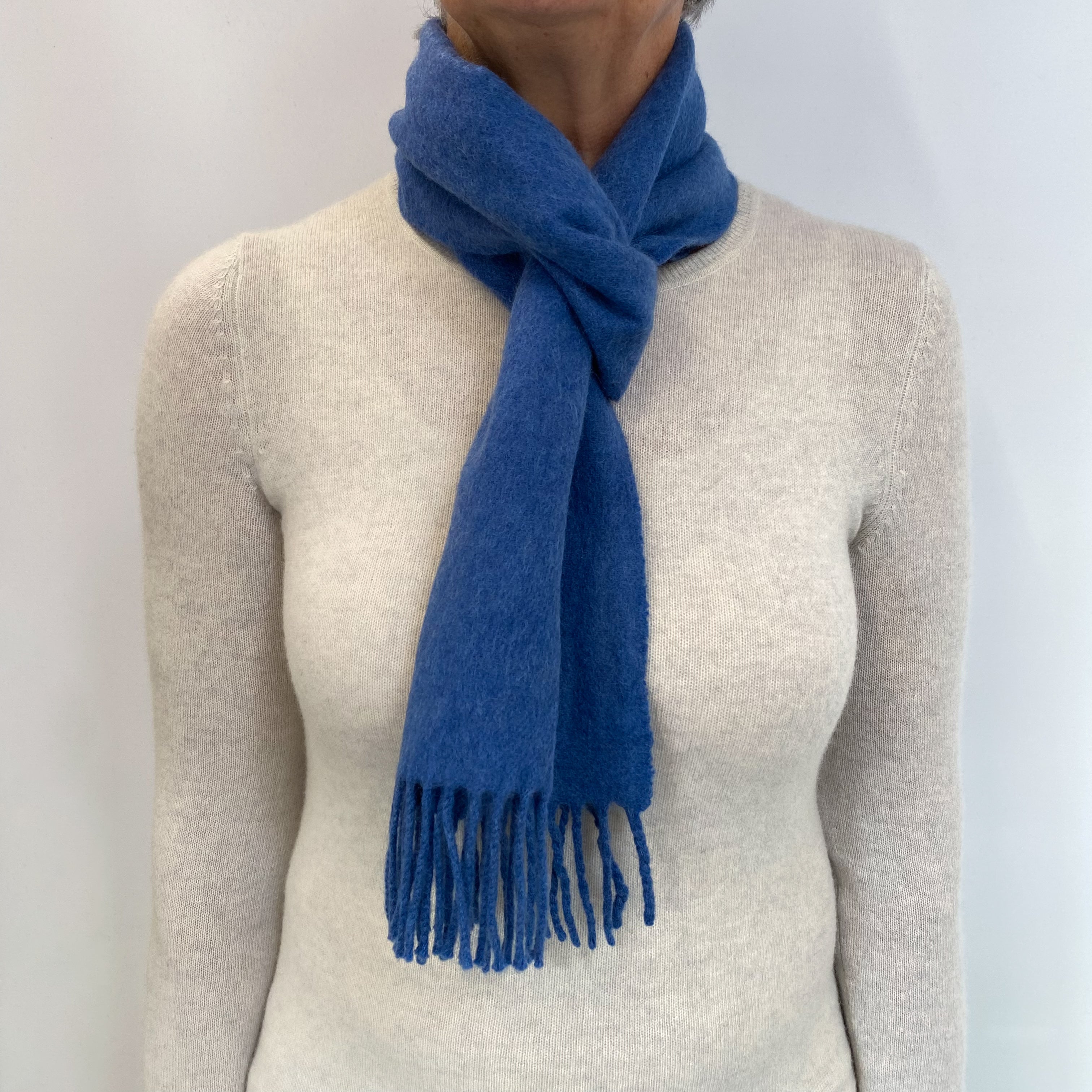 Deep Denim Blue Fringed Cashmere Woven Scarf
