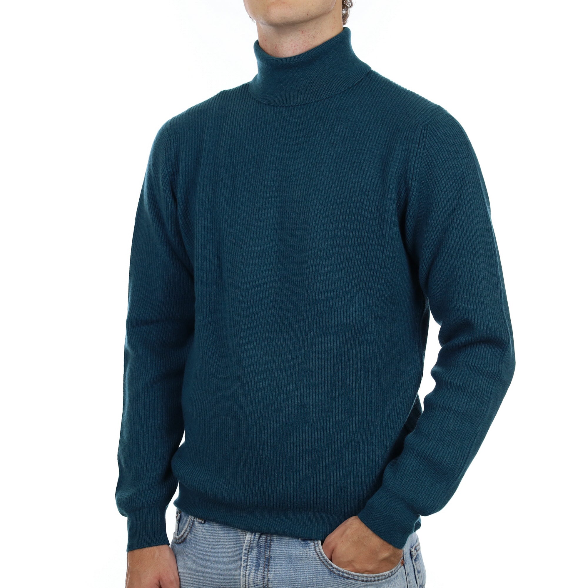 Men’s Brand New Scottish Teal Green Ribbed Cashmere Polo Neck Jumper Medium