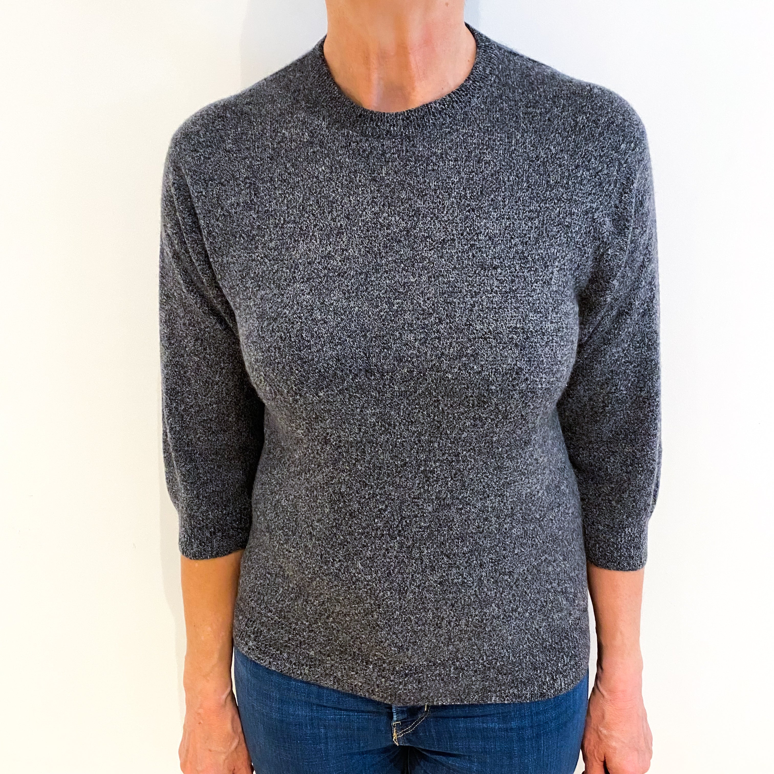 Slate Grey Marl Cashmere Crew Neck 3/4 Sleeve Jumper Medium