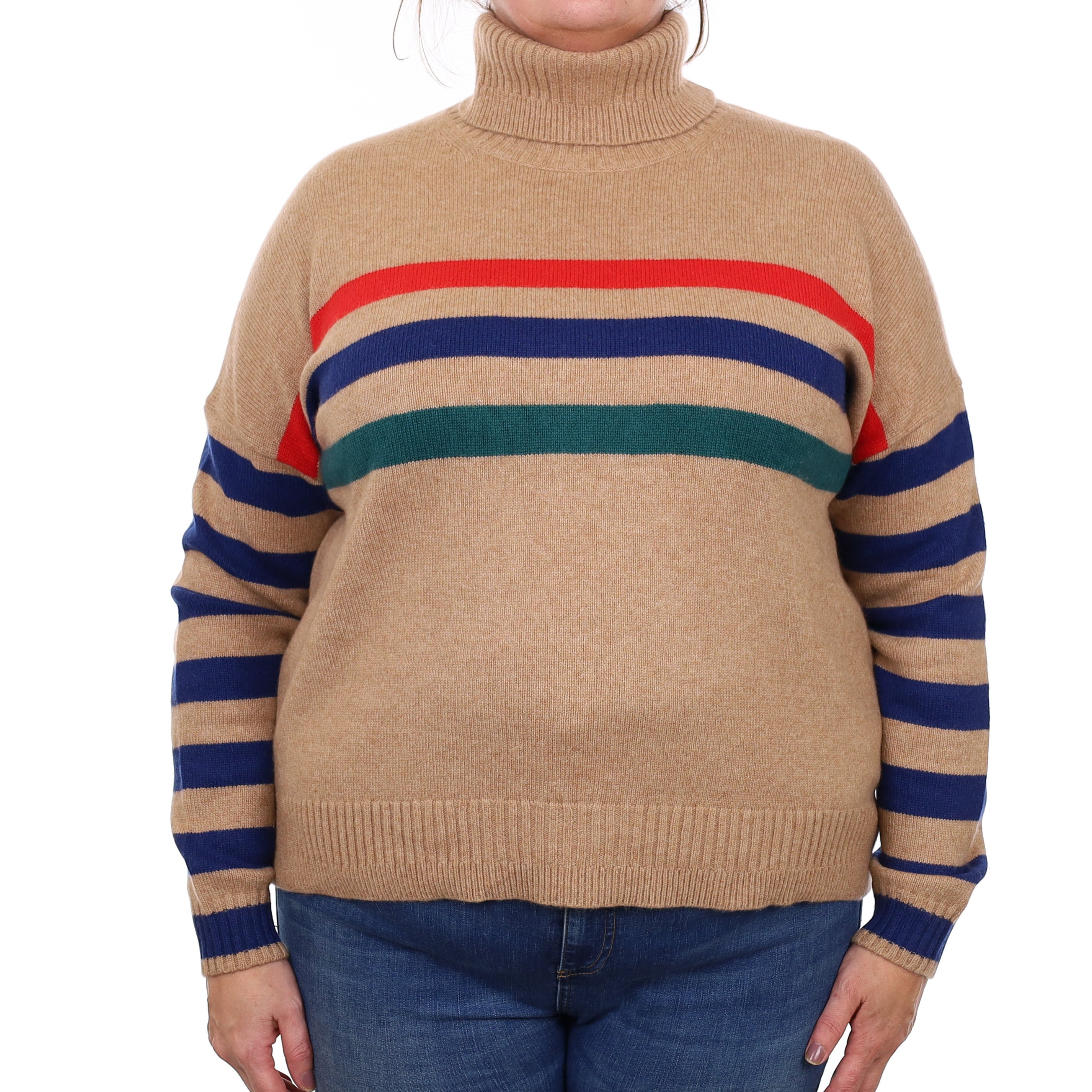 Caramel Striped Chunky Cashmere Polo Neck Jumper Extra Large