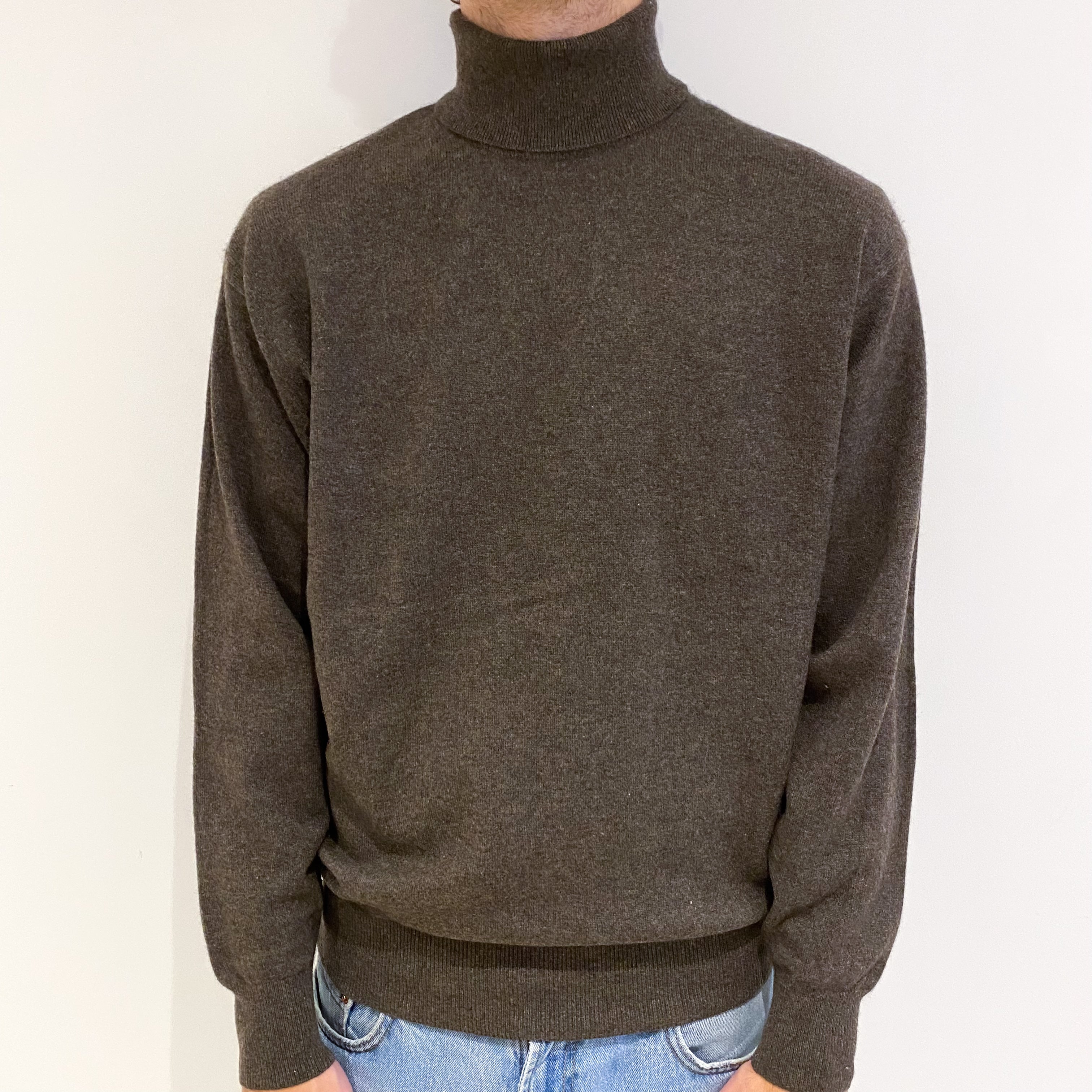 Men's Muted Brown Cashmere Polo Neck Jumper Large