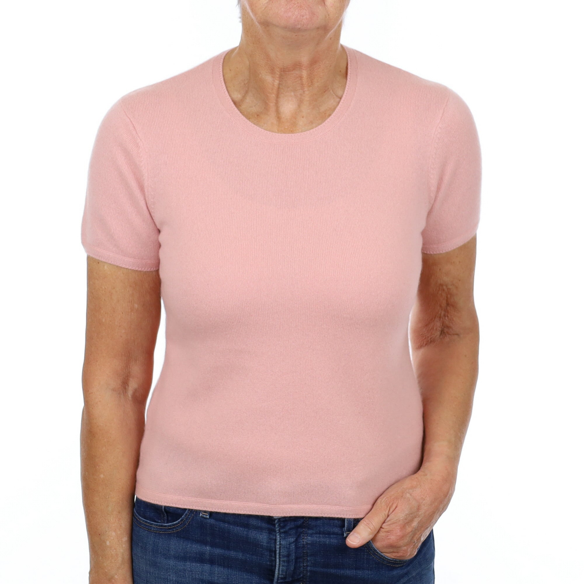 Dusky Pink Cashmere Crew Neck Short Sleeved Jumper Medium