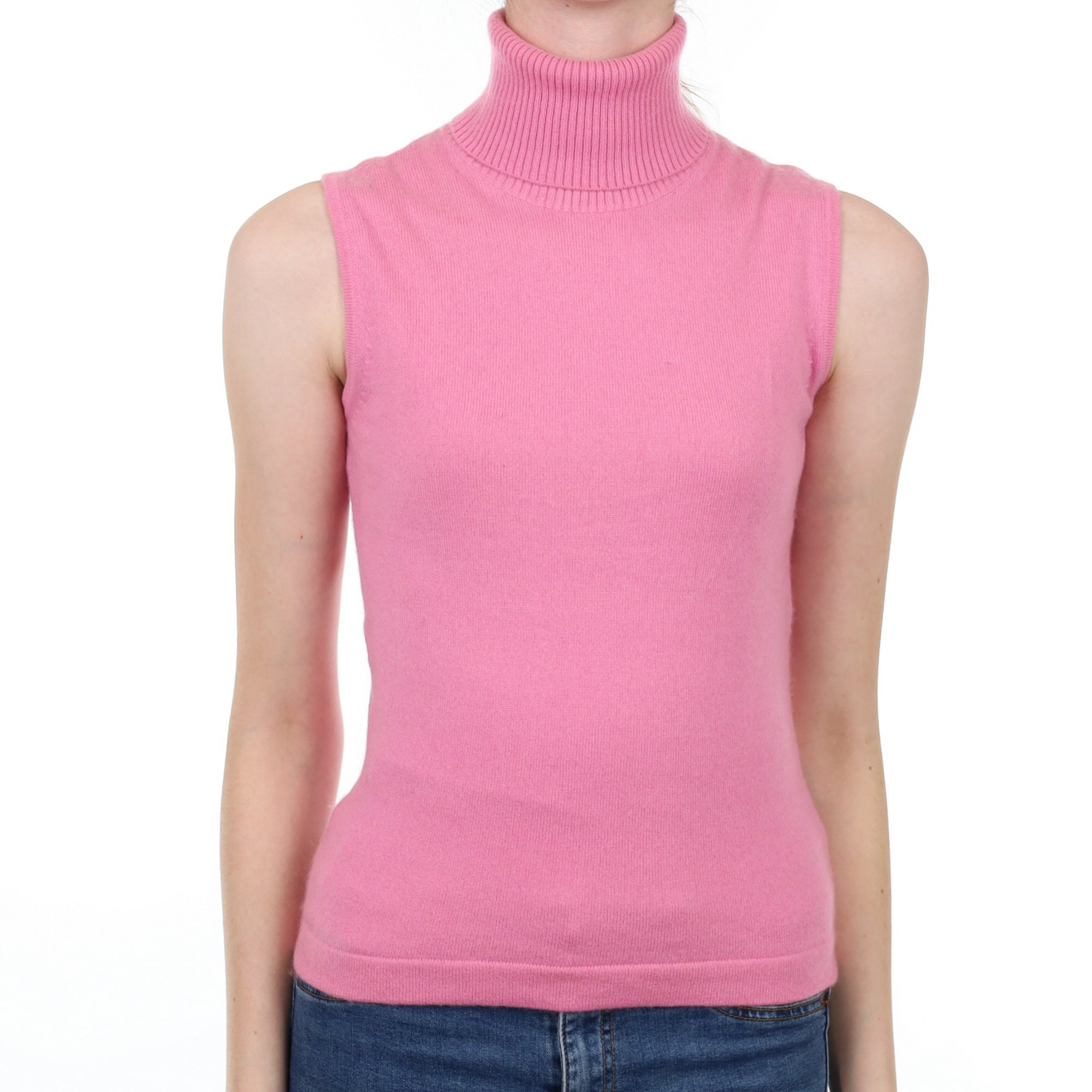 Bubblegum Pink Cashmere Polo Neck Sleeveless Jumper Extra Small