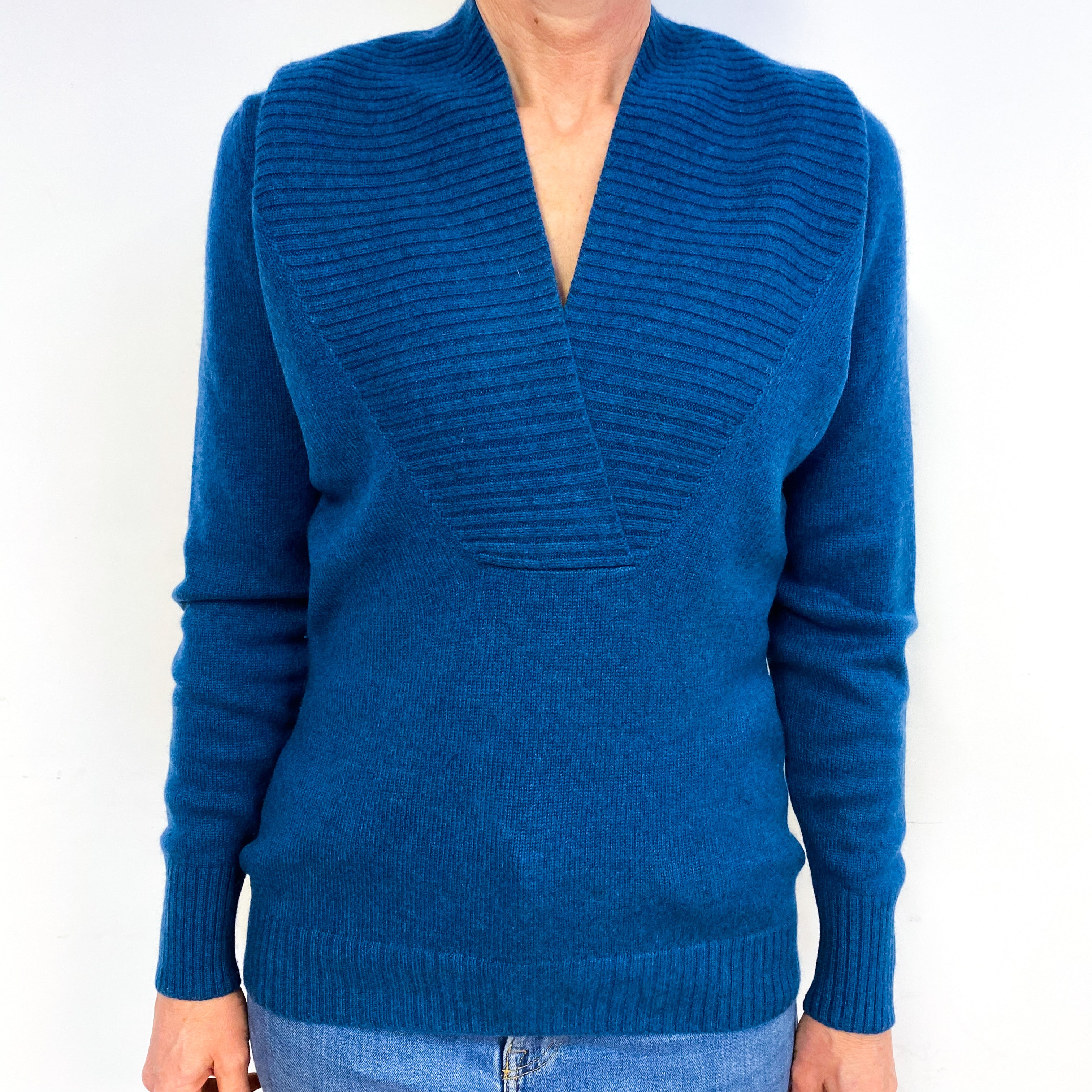 Petrol Blue Cashmere V-Neck Jumper Medium