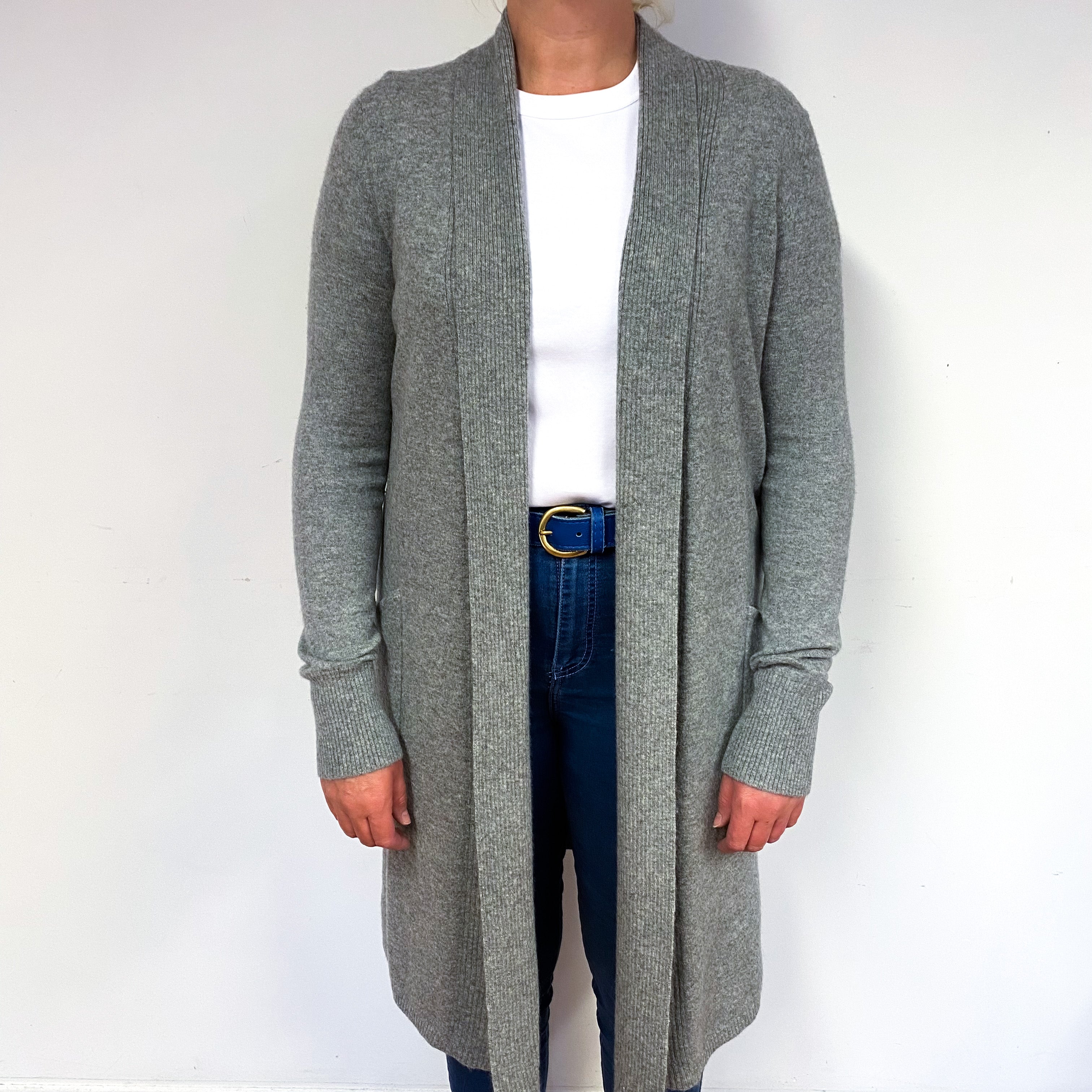 Ash Grey Longline Cashmere Edge to Edge Cardigan Large