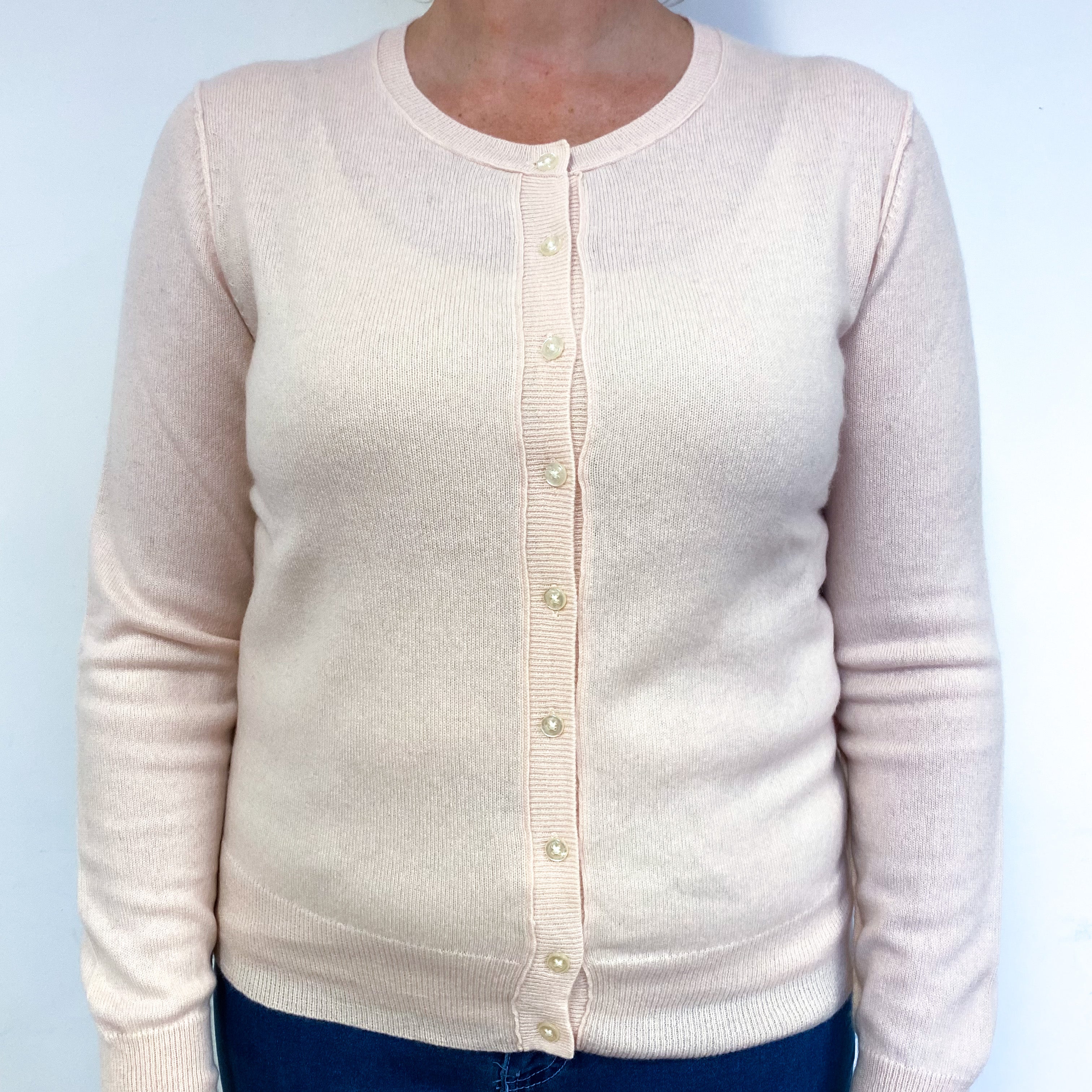 Pale Shell Pink Cashmere Crew Neck Cardigan Large