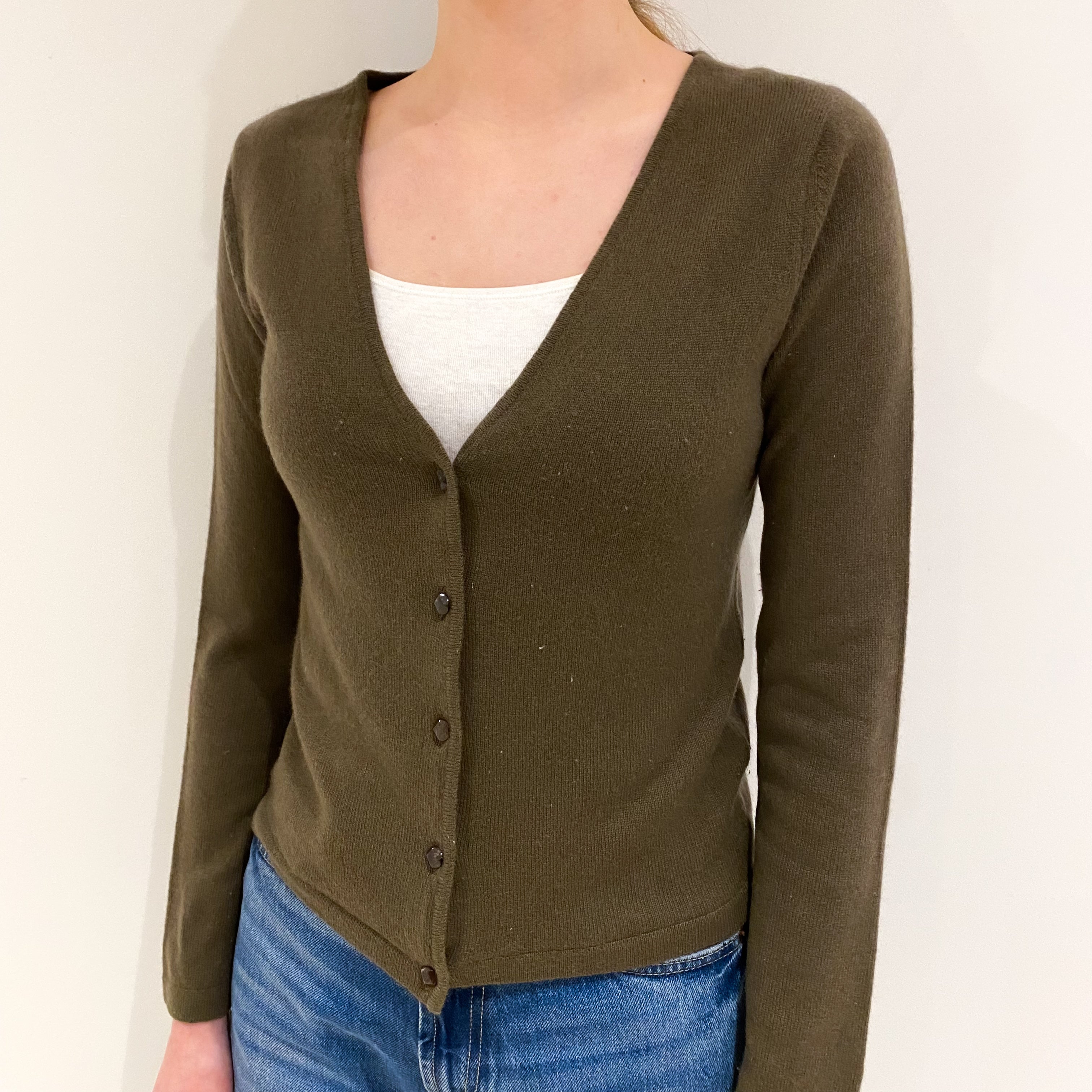 Khaki Green Cashmere V Neck Cardigan Extra Small