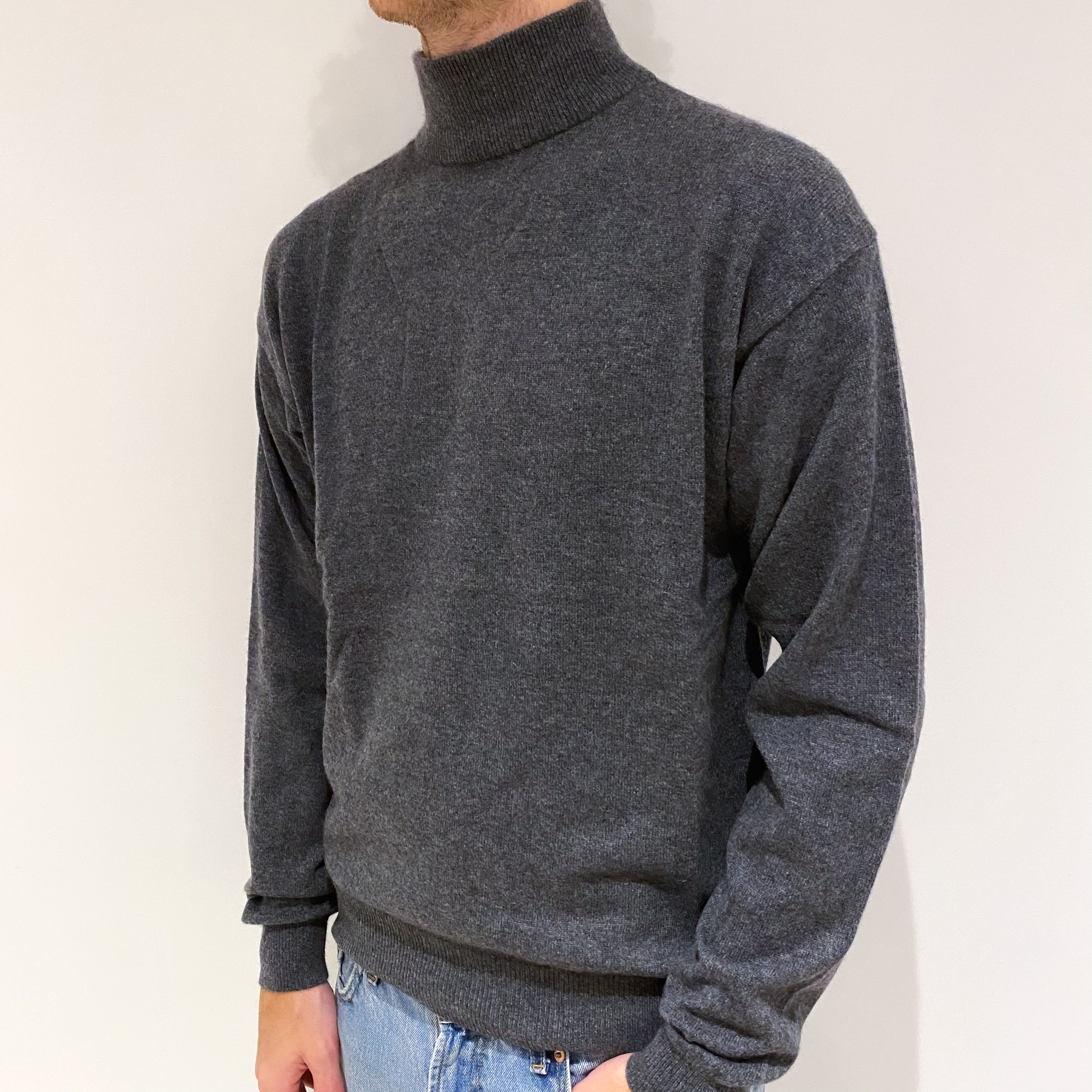 Men's Slate Grey Cashmere Turtle Neck Jumper Large