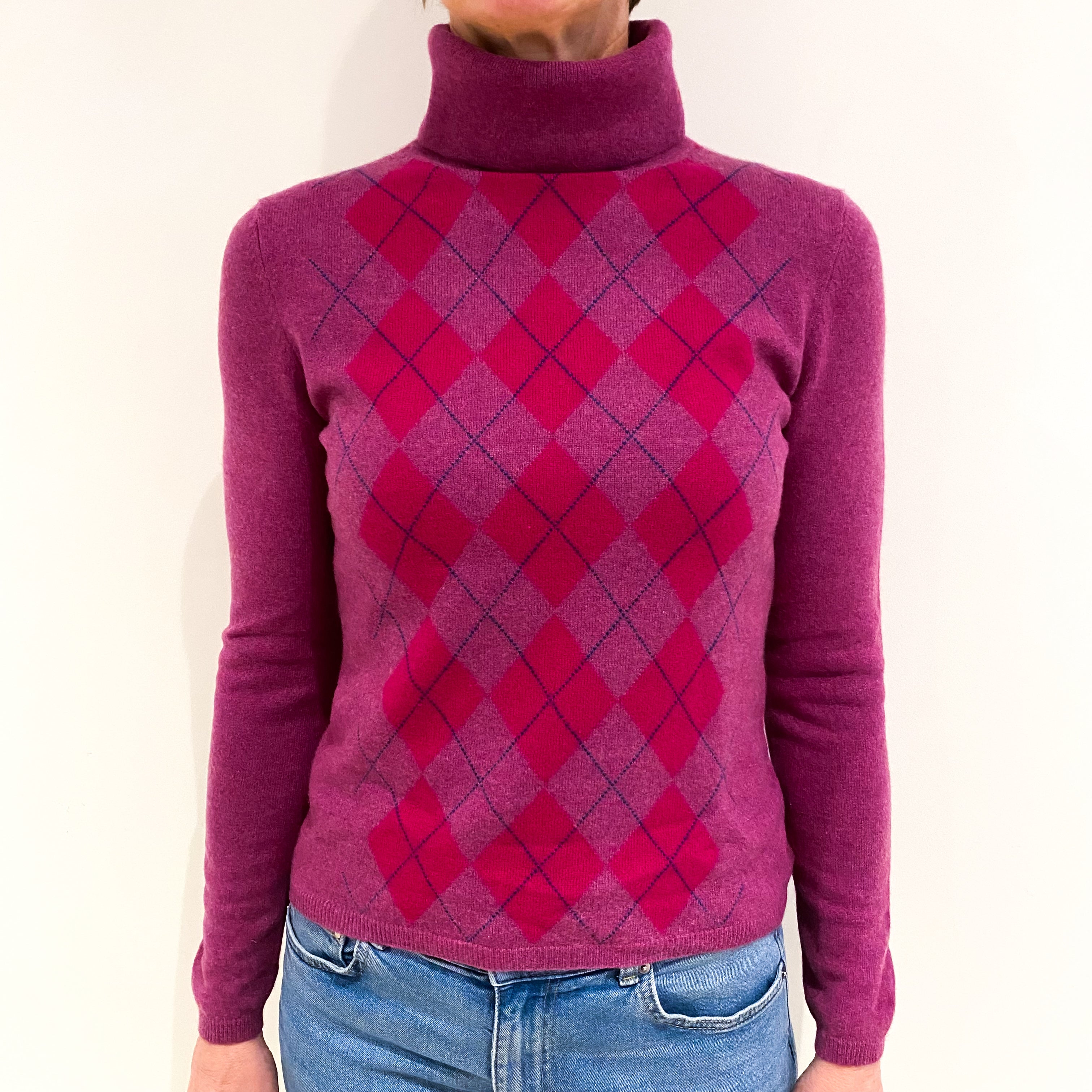 Magenta Purple Argyle Cashmere Polo Neck Jumper Small