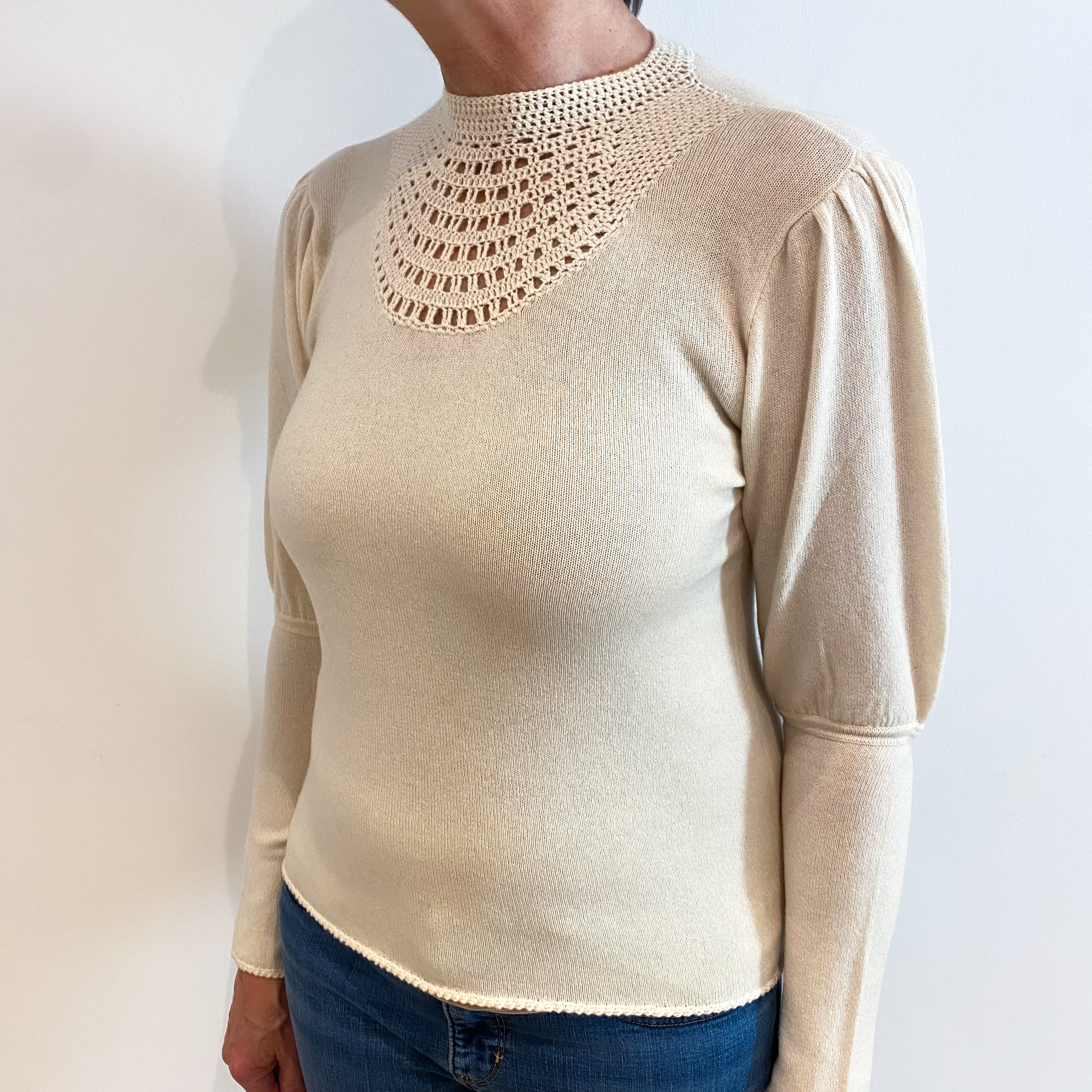 Ivory Lace Knit Cashmere Turtle Neck Jumper Medium