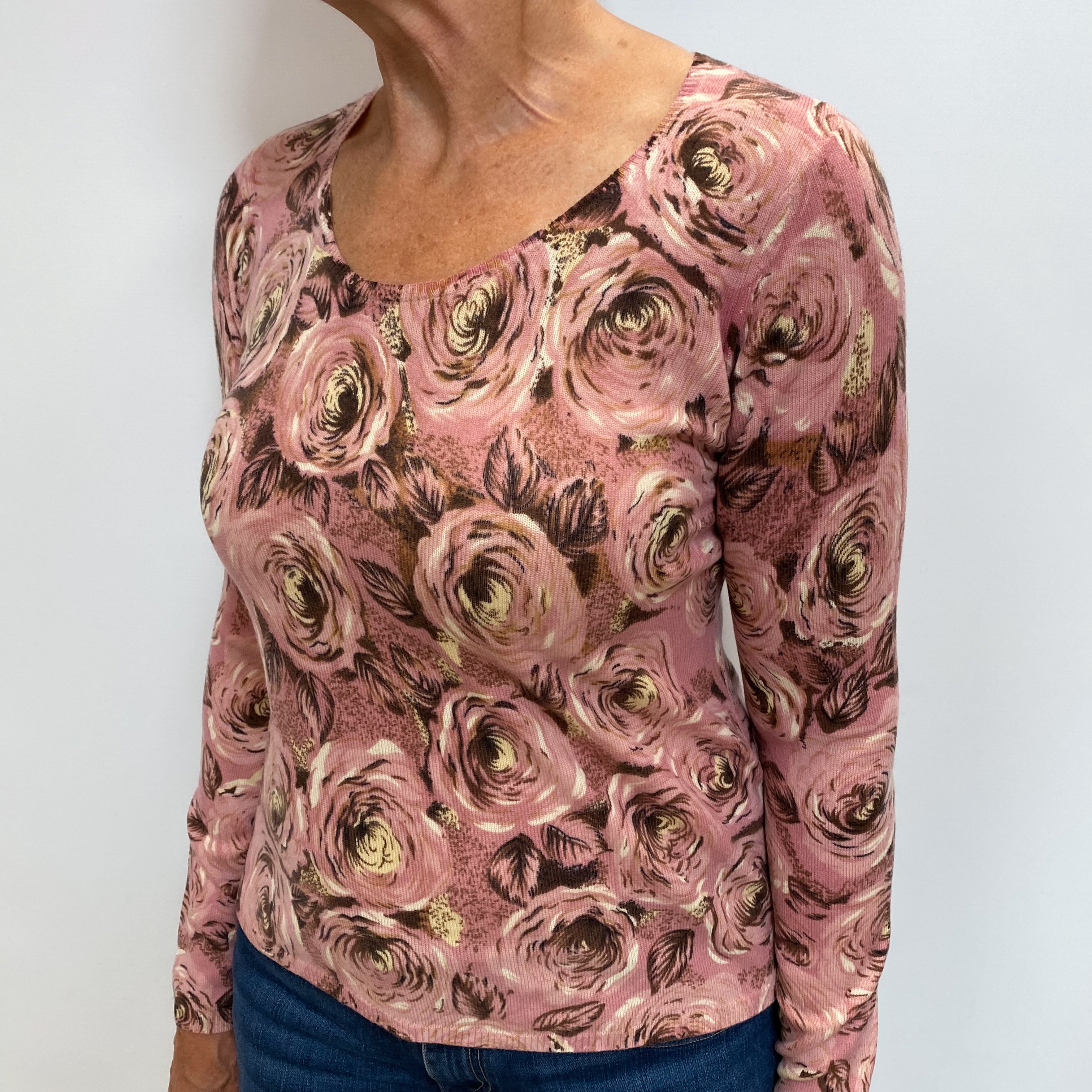Dusky Rose Floral Cashmere Crew Neck Jumper Medium