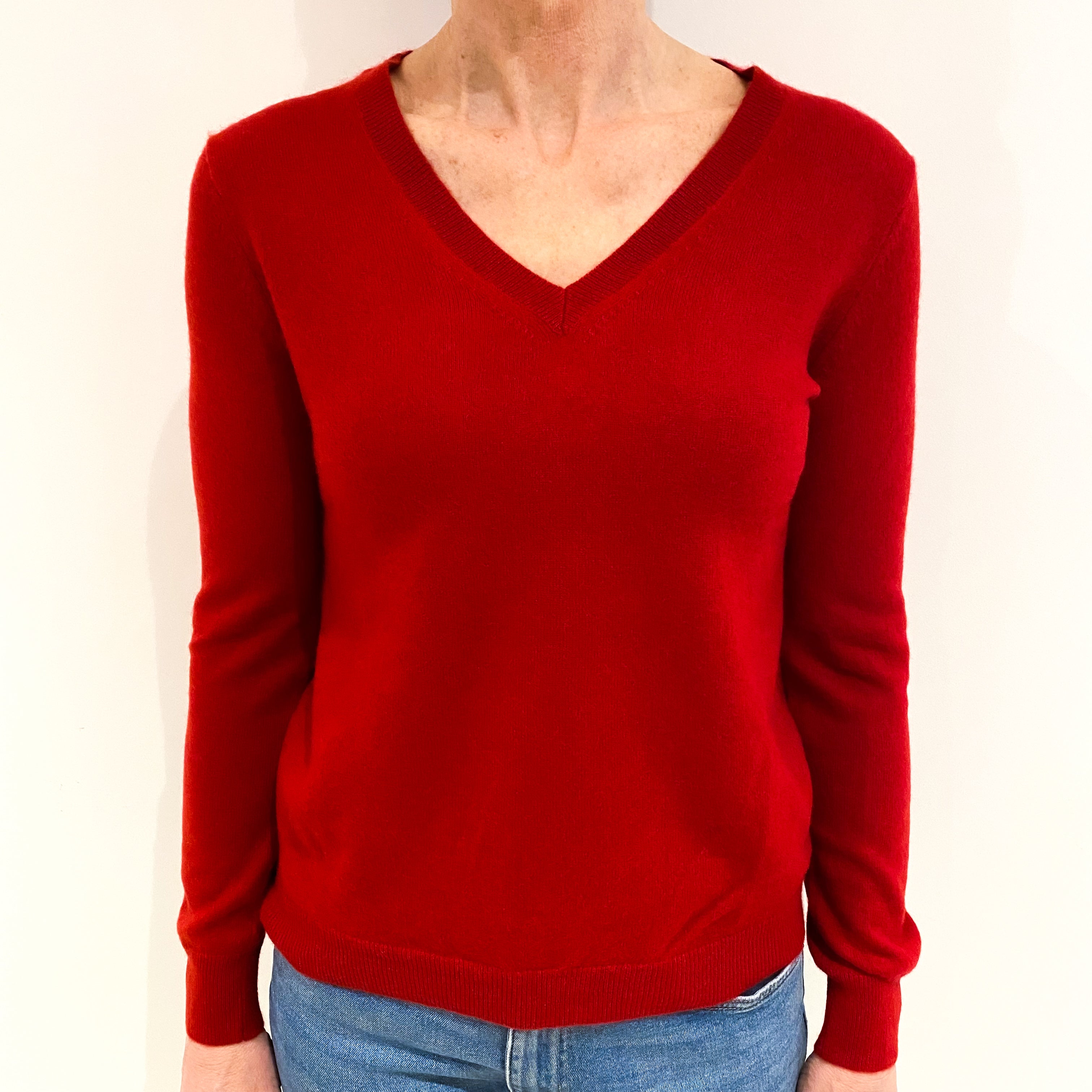 Scarlet Red Cashmere V Neck Jumper Small
