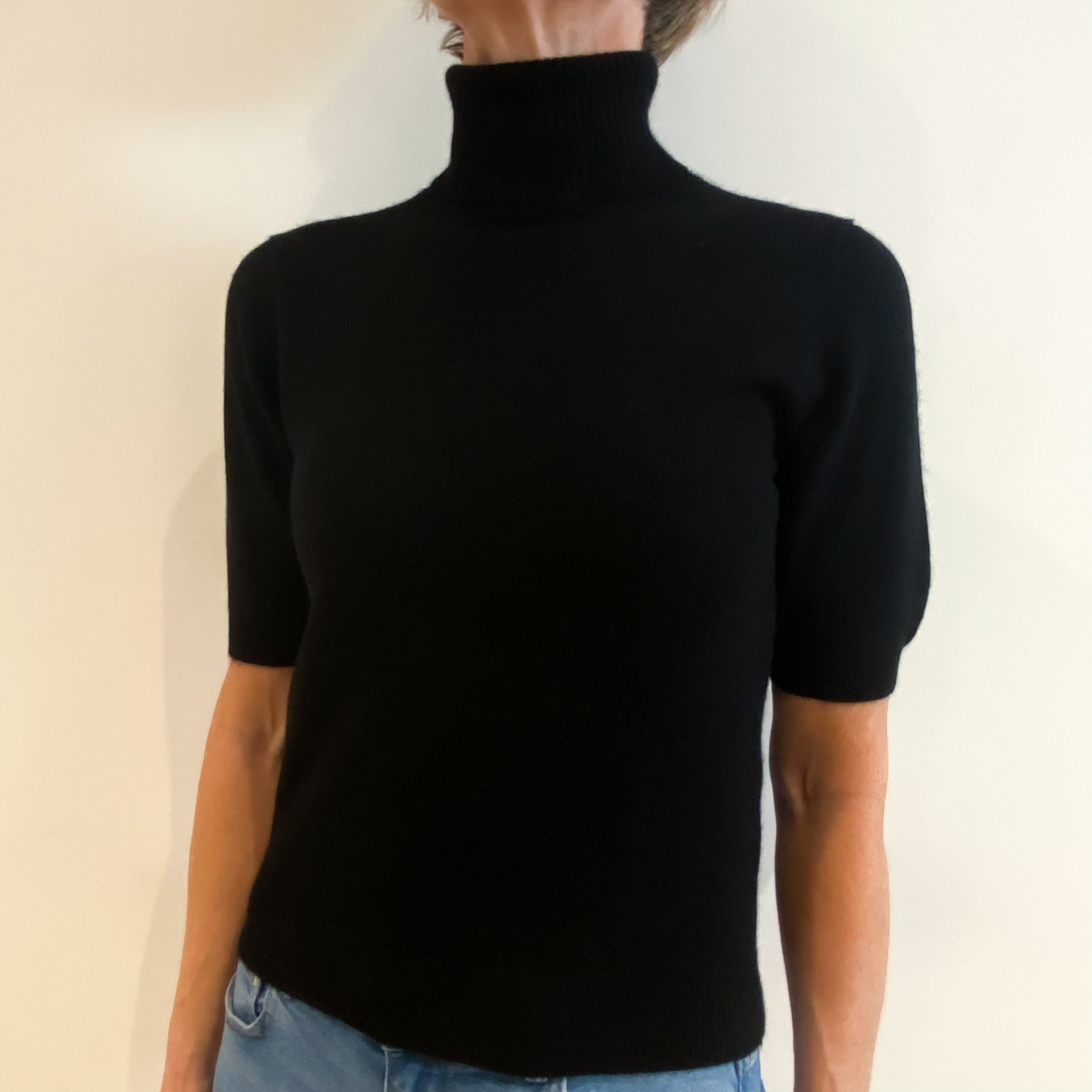 Black Cashmere Short Sleeved Polo Neck Jumper Small