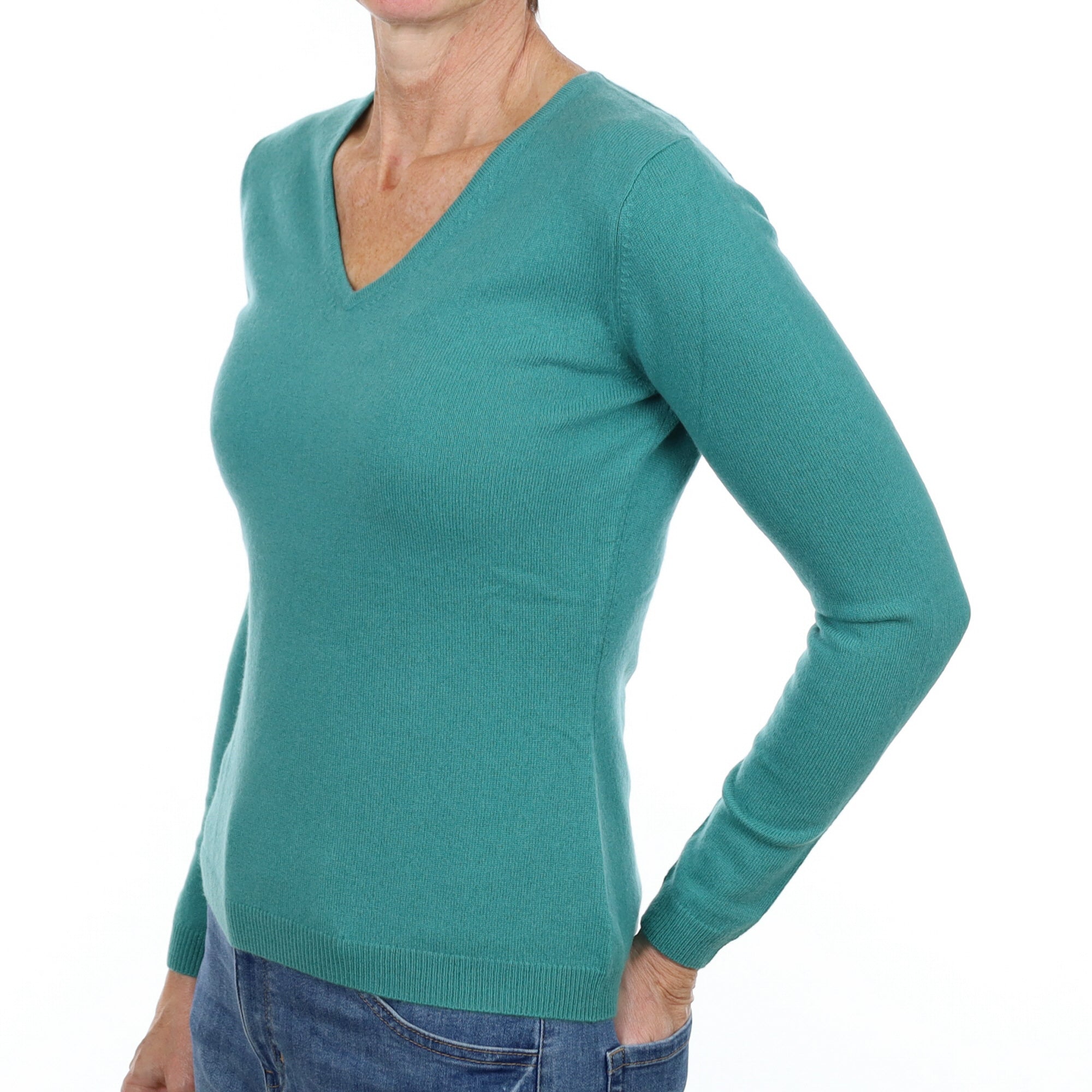 New Sea Green Cashmere V Neck Jumper Small