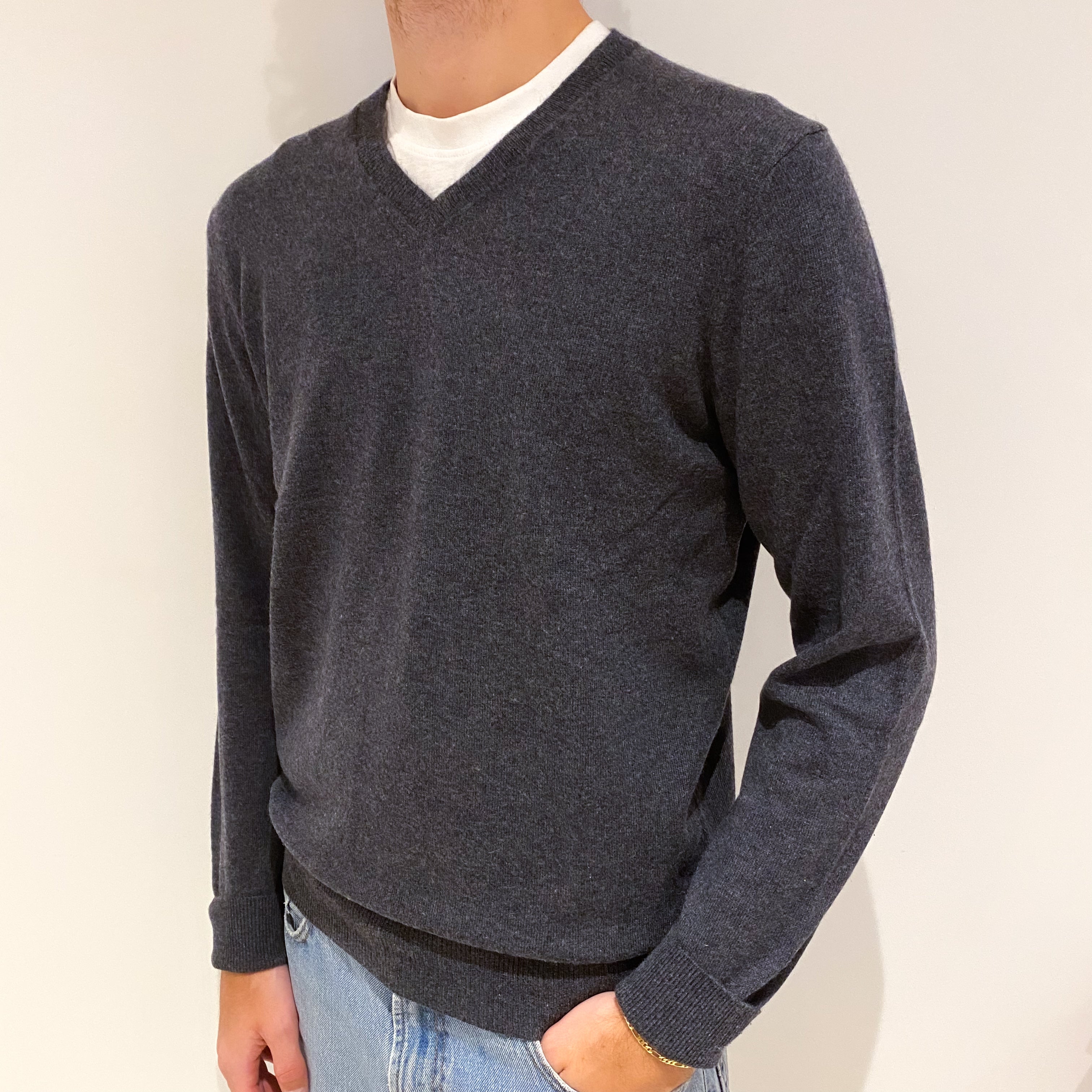 Men's Slate Grey Cashmere V-Neck Jumper Large