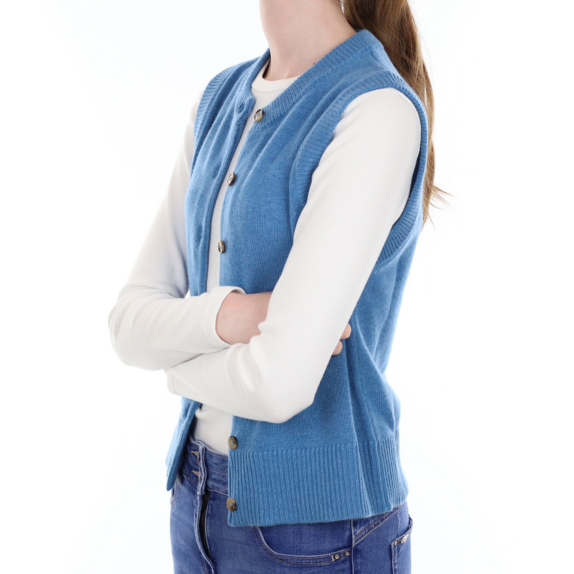 Brand New Mediterranean Blue Luxury Cashmere Crew Neck Waistcoat Extra Small UK 6-8