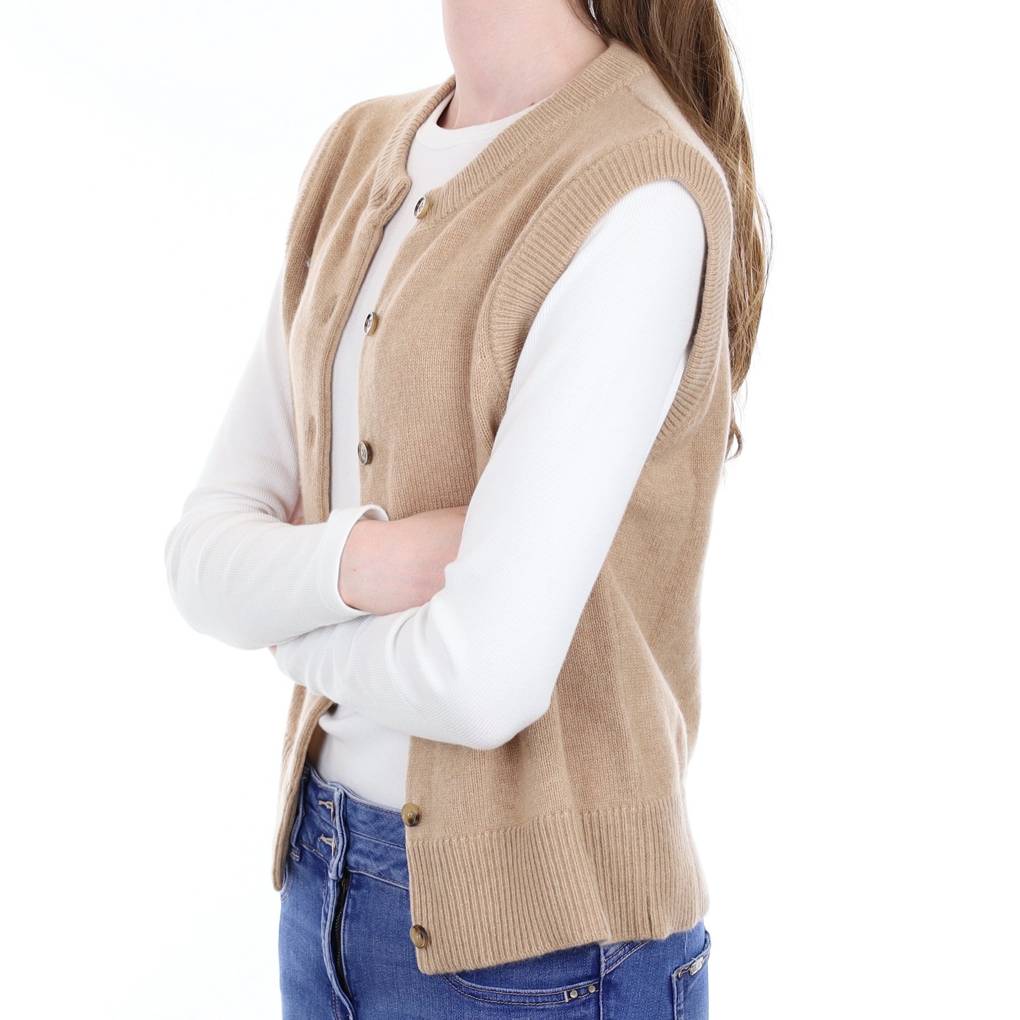 Brand New Caramel Luxury Cashmere Crew Neck Waistcoat Extra Small UK 6-8