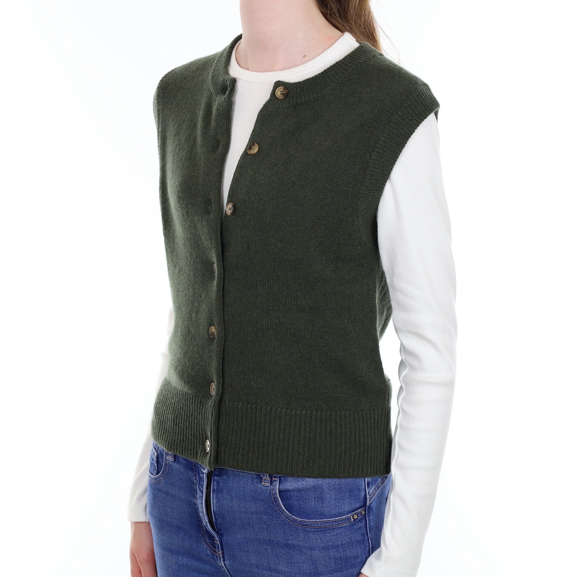 Brand New Khaki Luxury Cashmere Crew Neck Waistcoat Extra Small UK 6-8