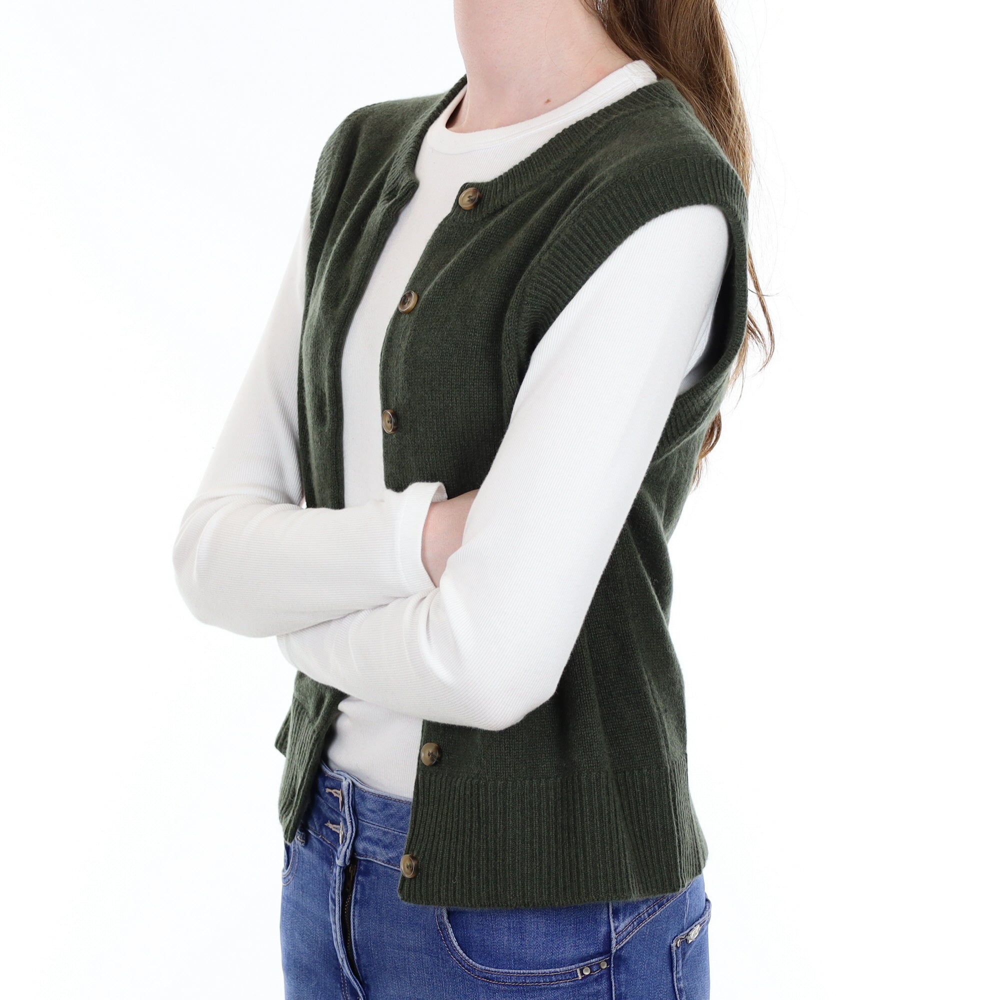 Brand New Khaki Luxury Cashmere Crew Neck Waistcoat Extra Small UK 6-8