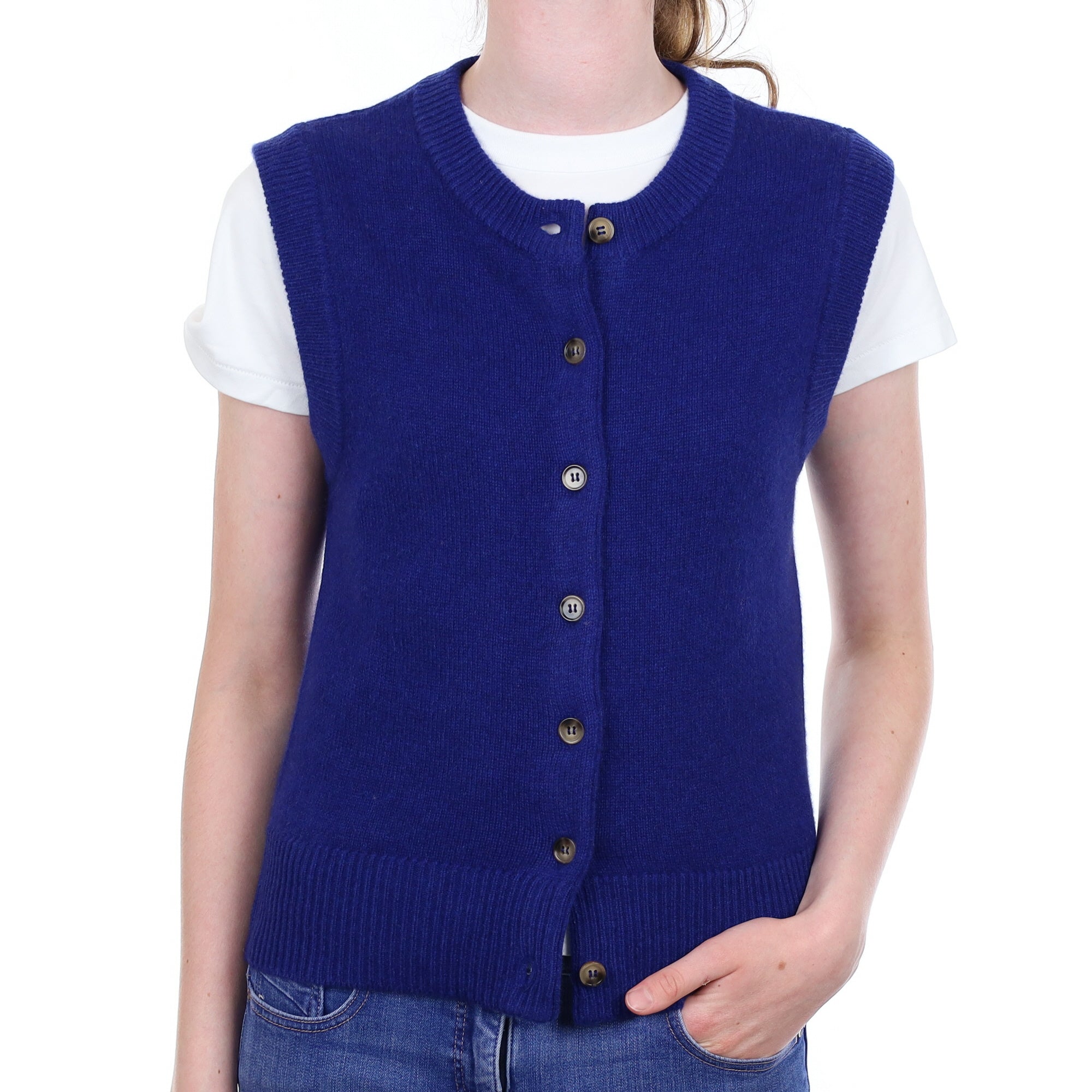 Brand New Lapis Blue Cashmere Crew Neck Waistcoat Extra Small UK 6-8